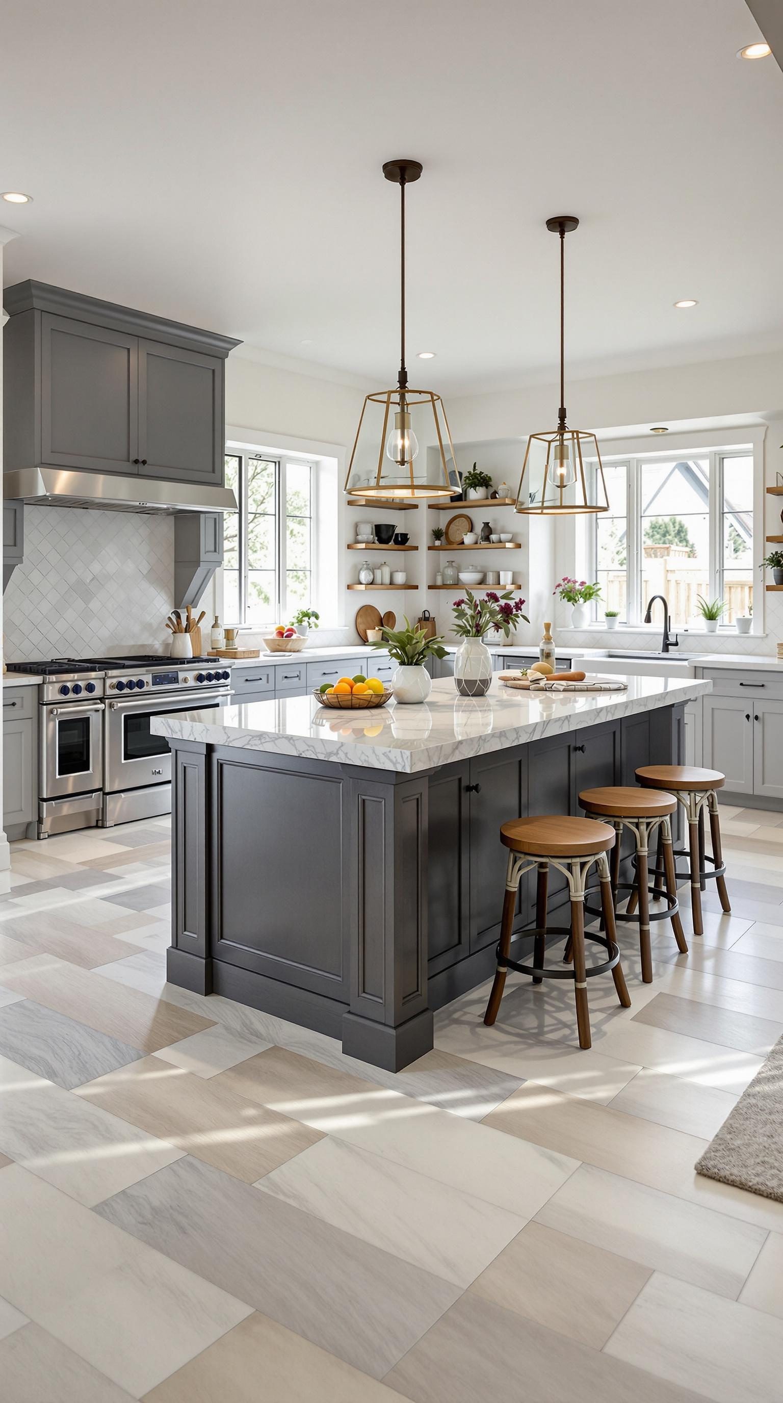 Stylish kitchen with a central island, modern appliances, and elegant lighting.