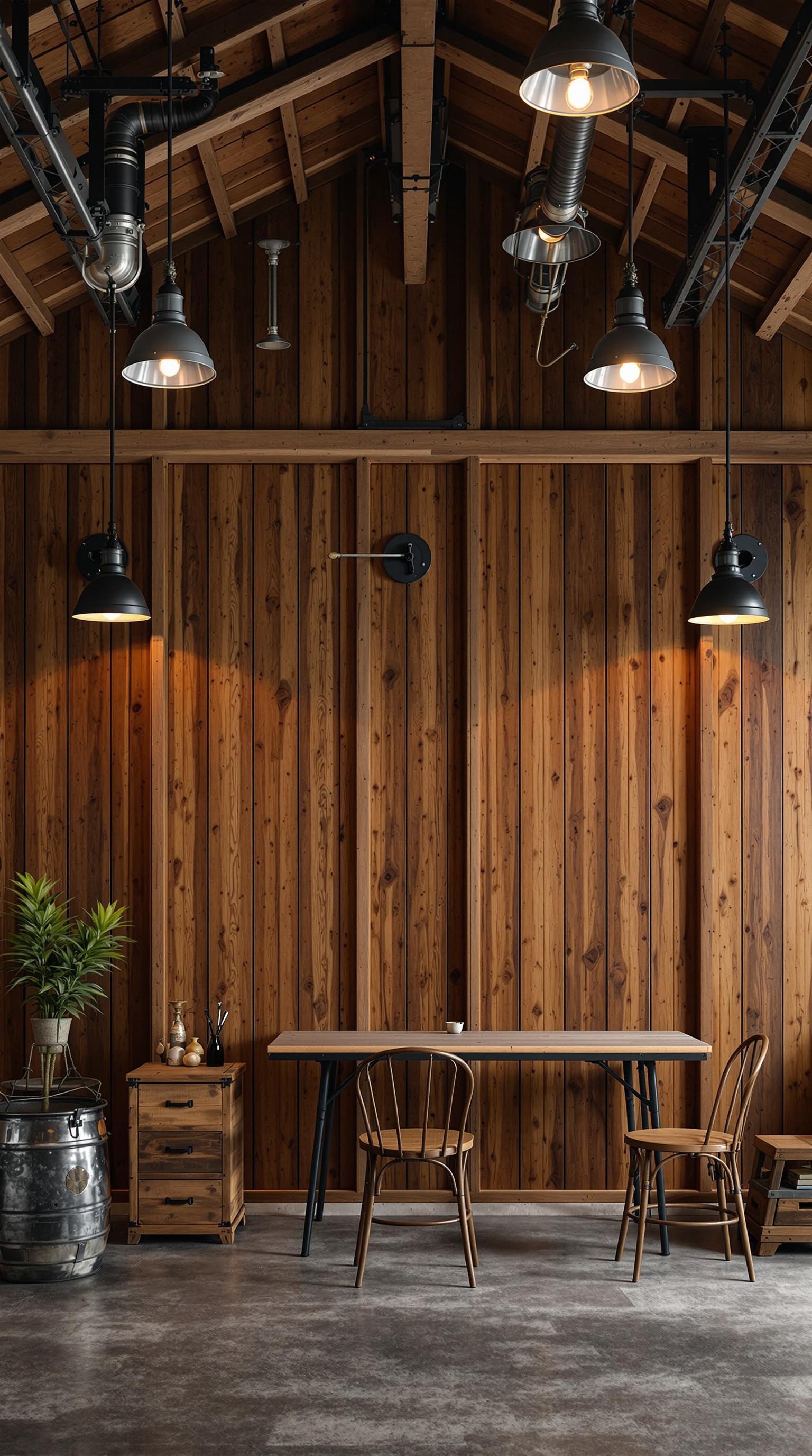 A cozy industrial-style interior featuring wooden walls, metal accents, and simple furniture.