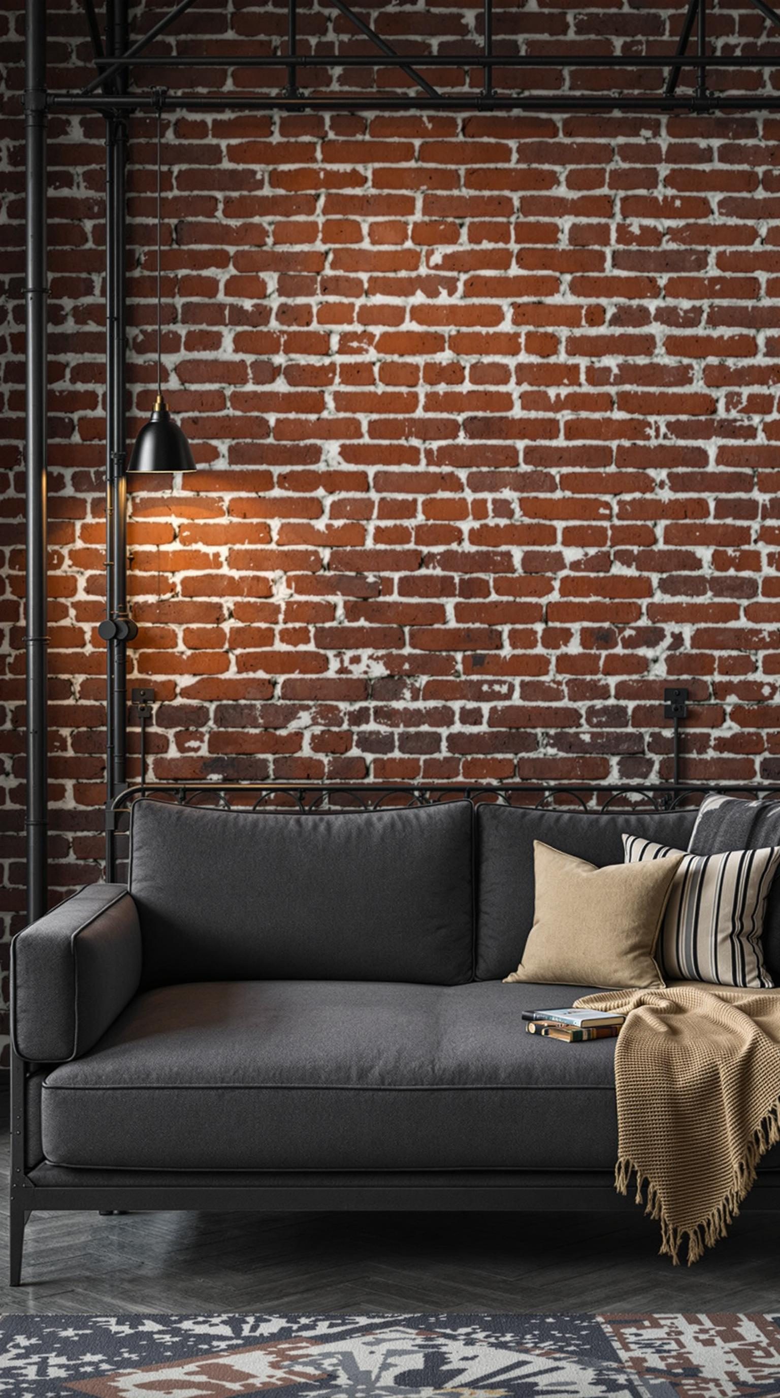 A dark grey couch in a living room with exposed brick walls and a cozy atmosphere.