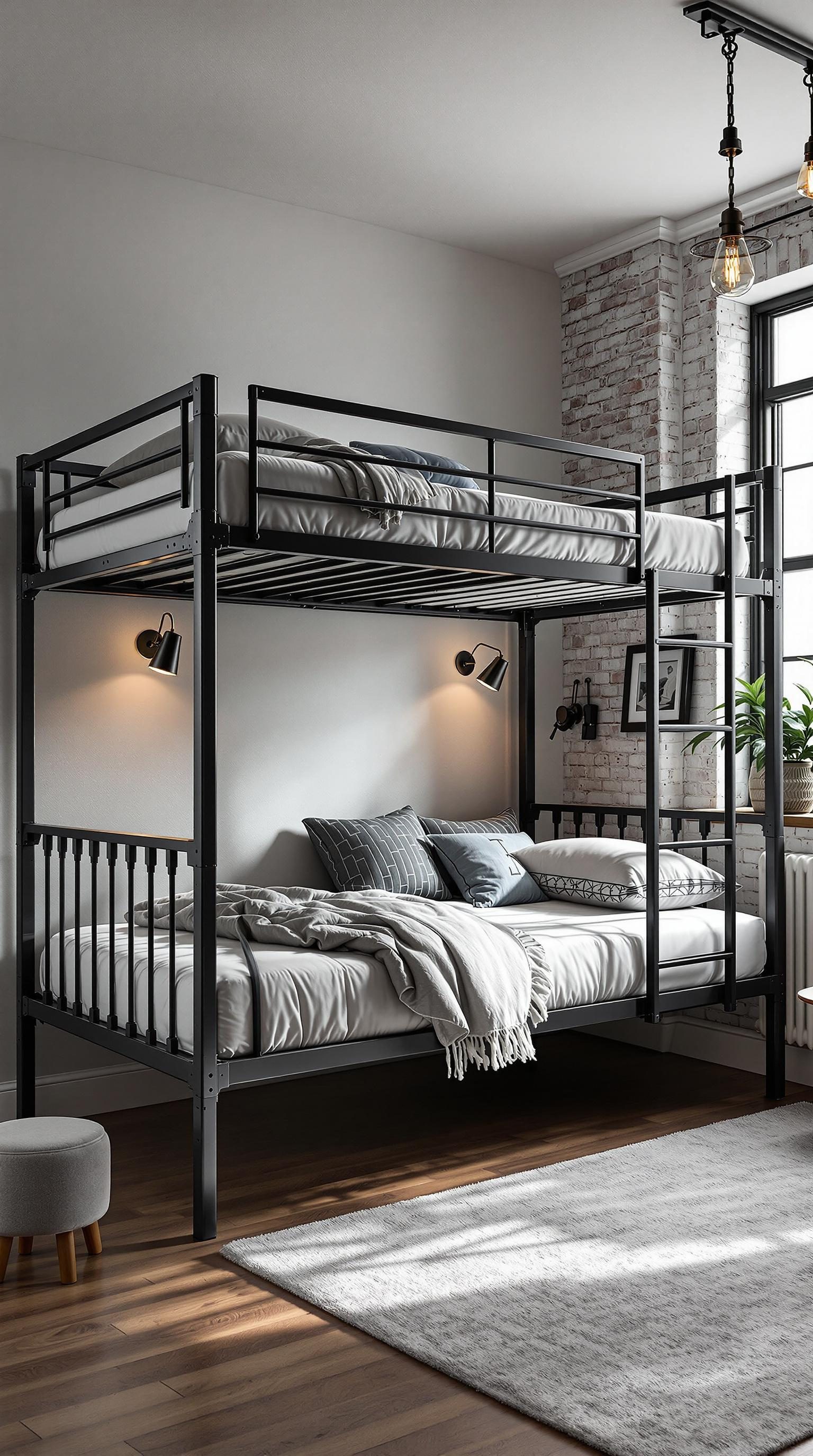 Industrial style bunk bed with metal frame and cozy bedding