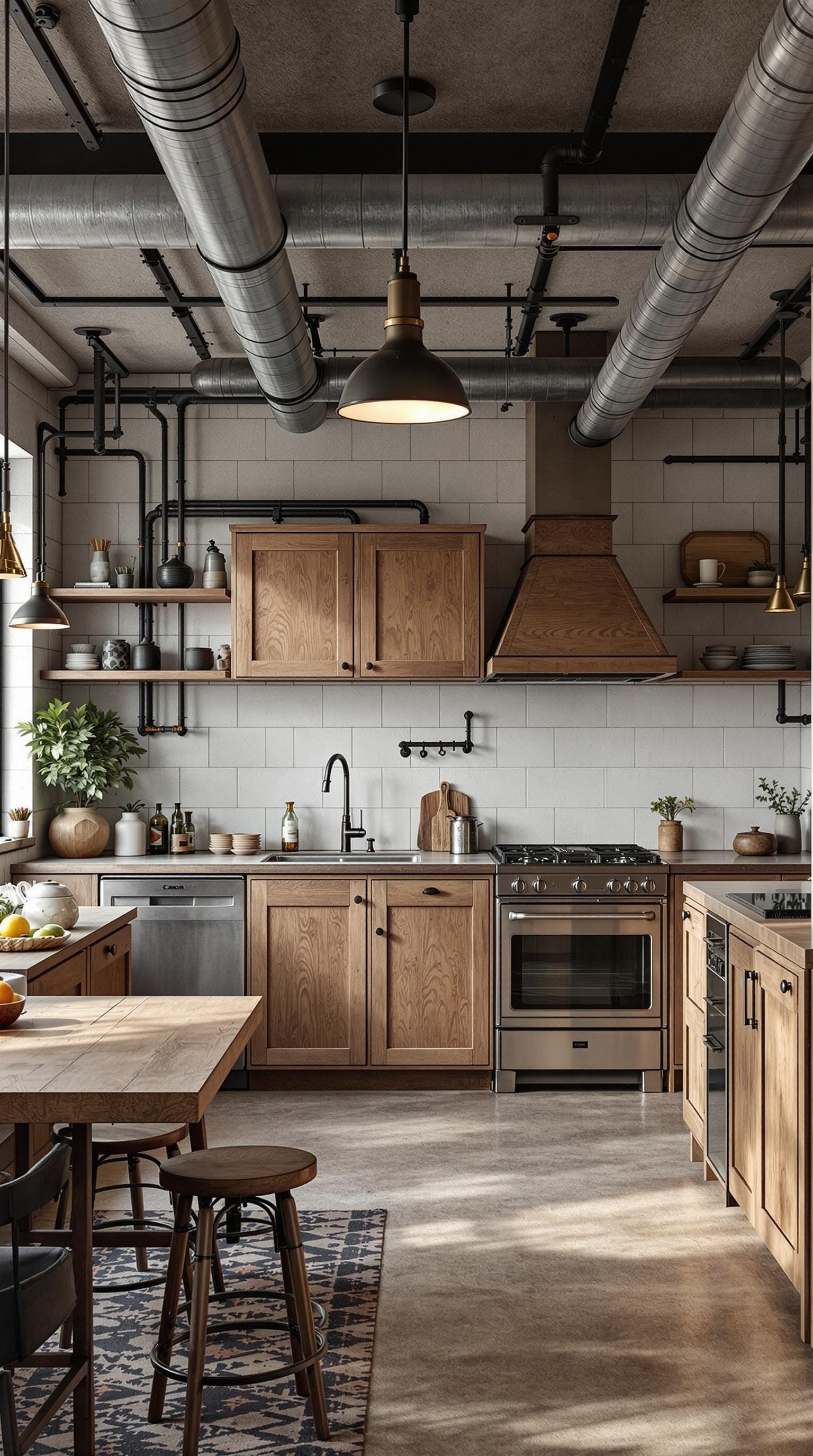 An industrial style kitchen featuring wooden cabinets, metal fixtures, and exposed pipes.