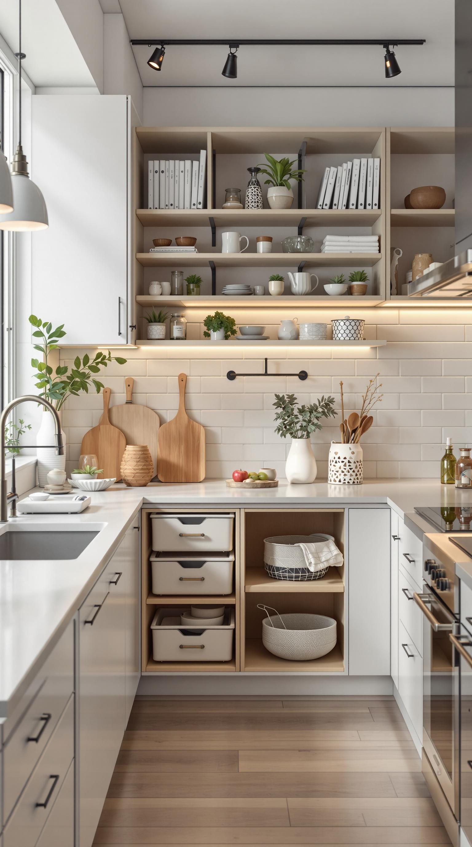 A modern kitchen with open shelves, organized drawers, and stylish decor.