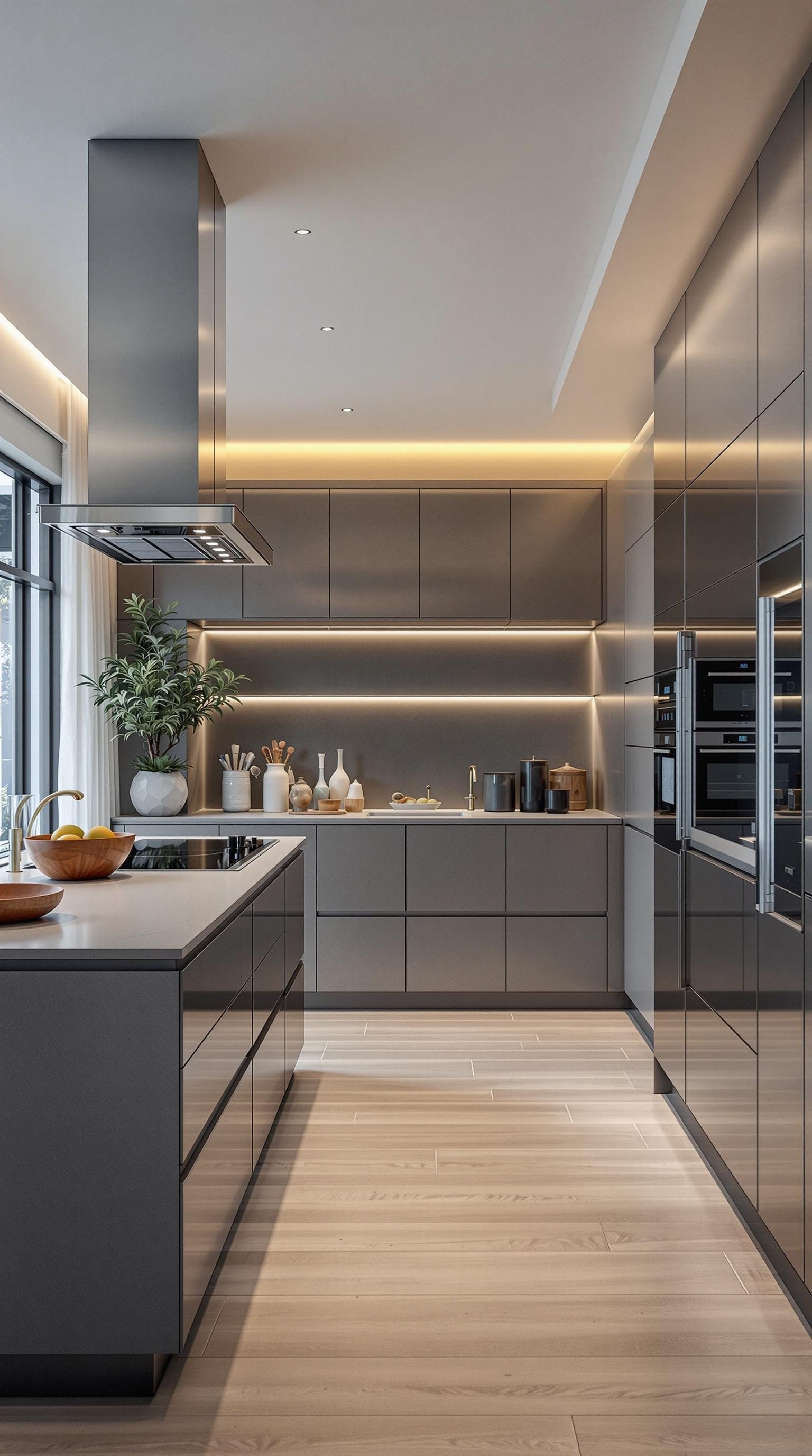 A modern luxury kitchen featuring sleek cabinetry and integrated appliances.