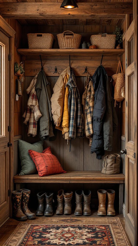 Cozy cabin entryway with jackets on hooks, a bench, and neatly arranged boots.