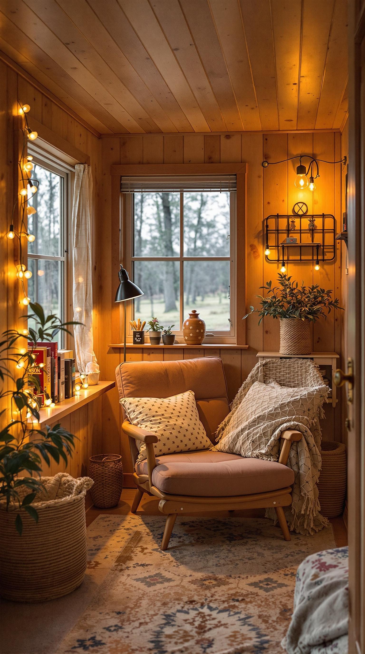 Cozy reading nook with warm lighting and soft furnishings