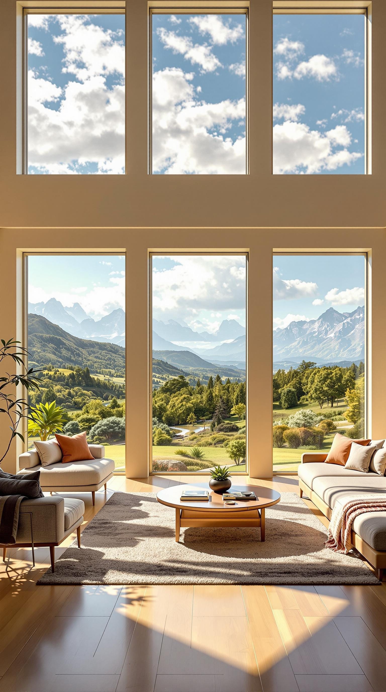 Living room with large windows showcasing a beautiful mountain view.