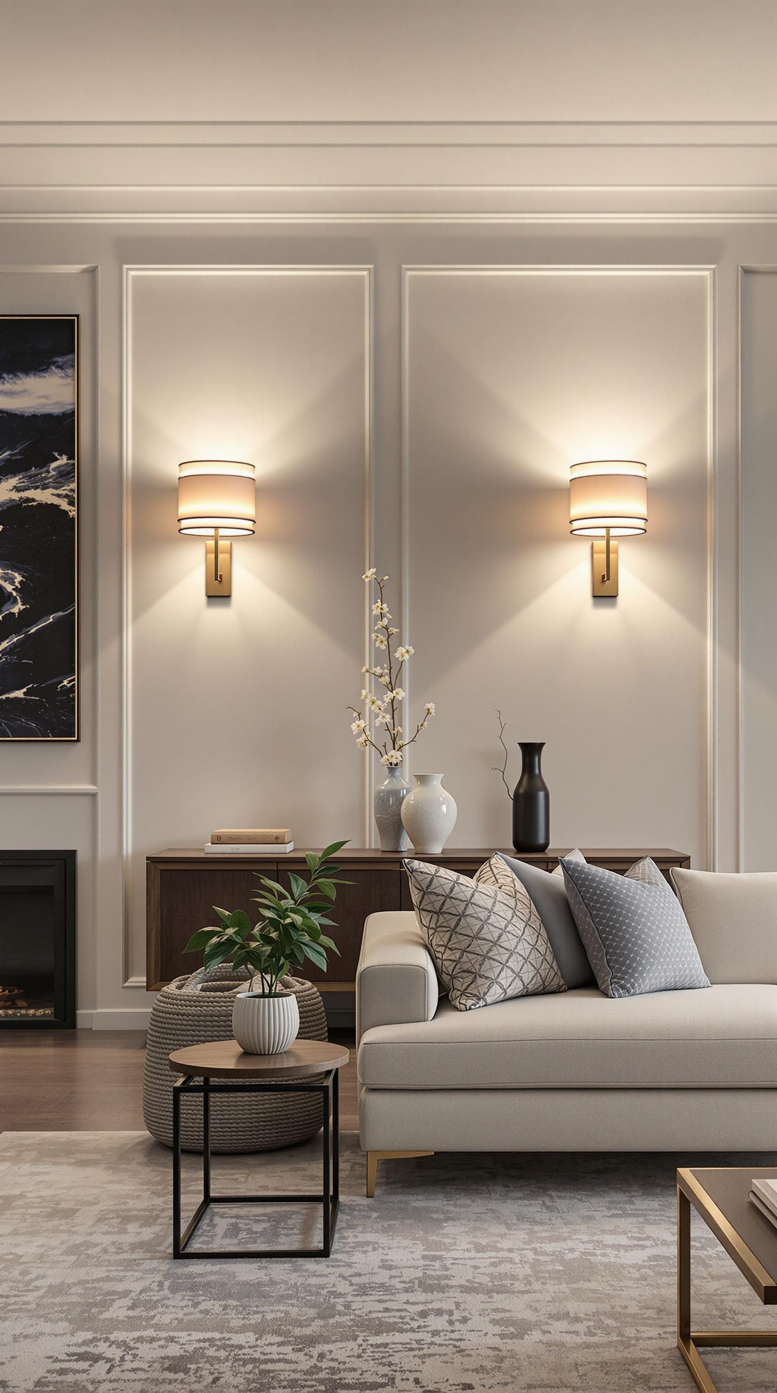 A beautifully decorated living room featuring wall sconces for layered lighting