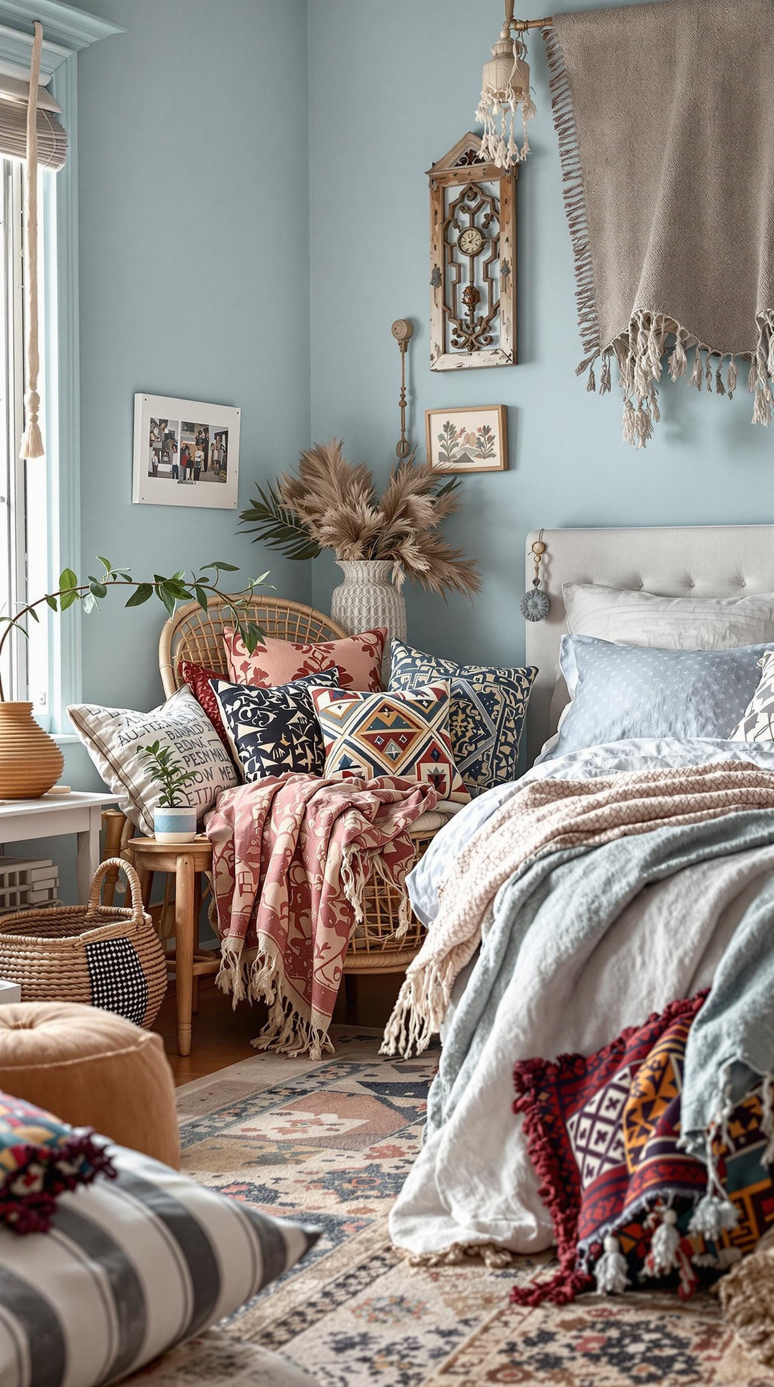 A boho style bedroom featuring light blue walls, layered textiles, and various patterned pillows.