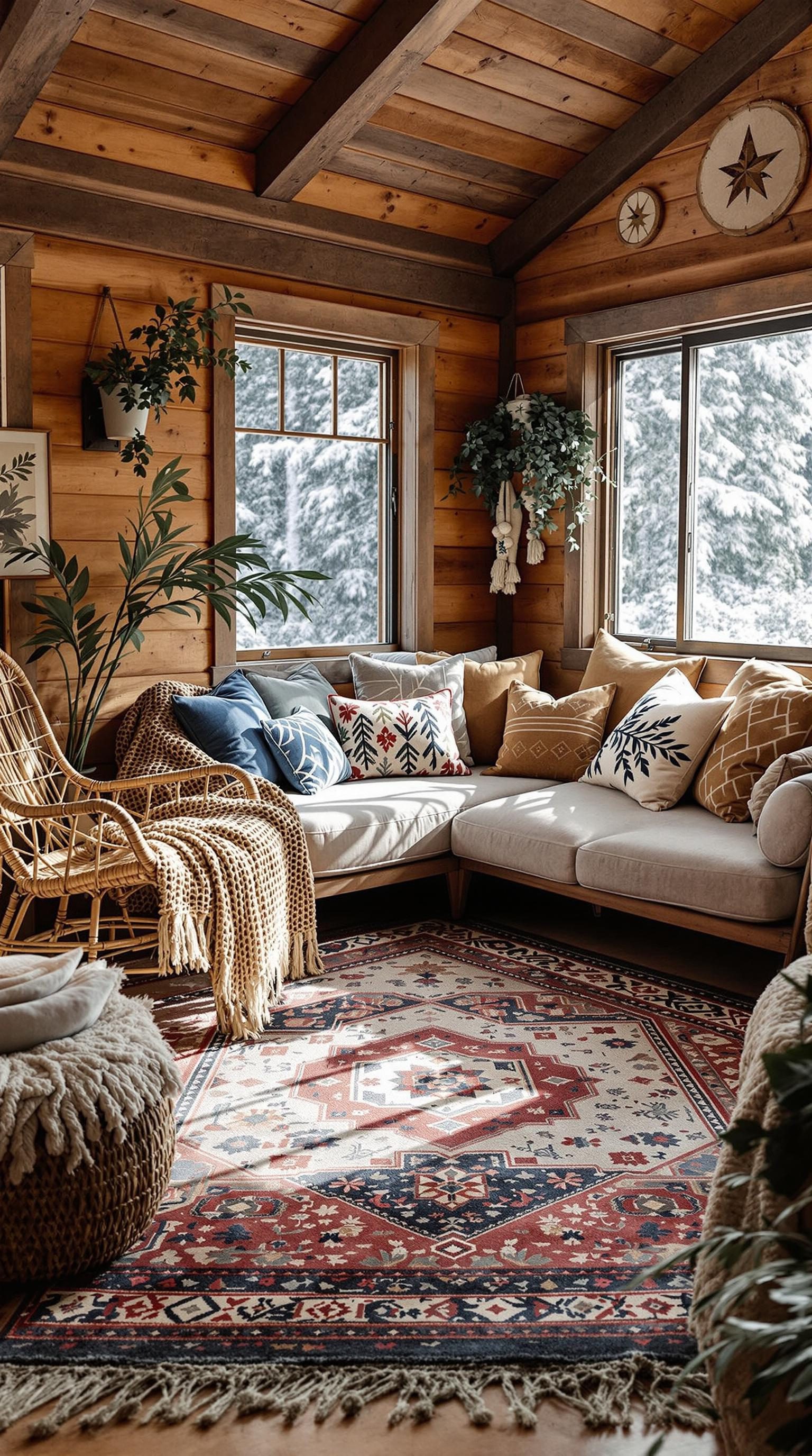 Cozy cabin interior featuring layered textiles, including pillows and throws.