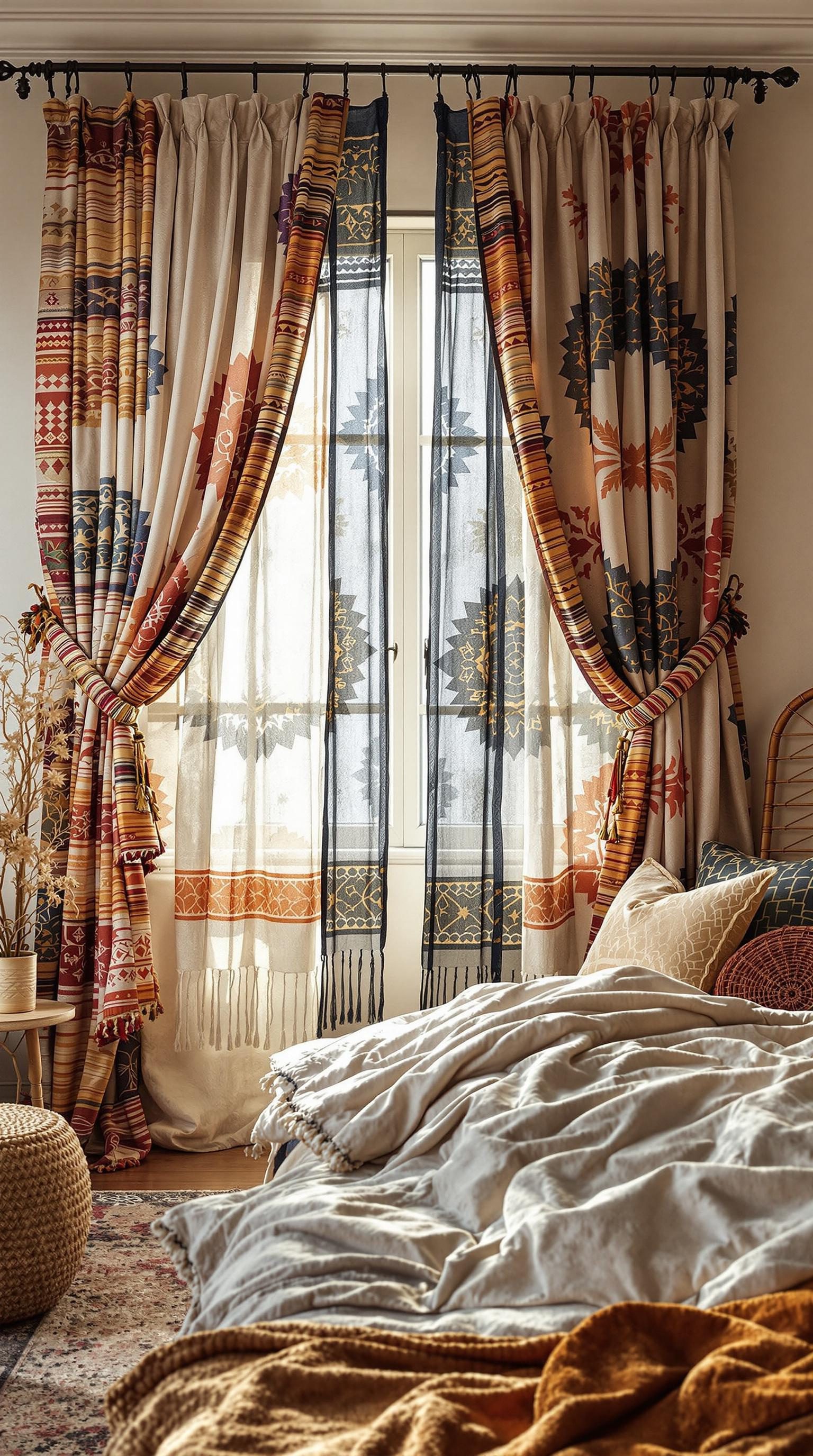 A cozy bedroom with layered boho-style curtains and a bed with textured blankets.