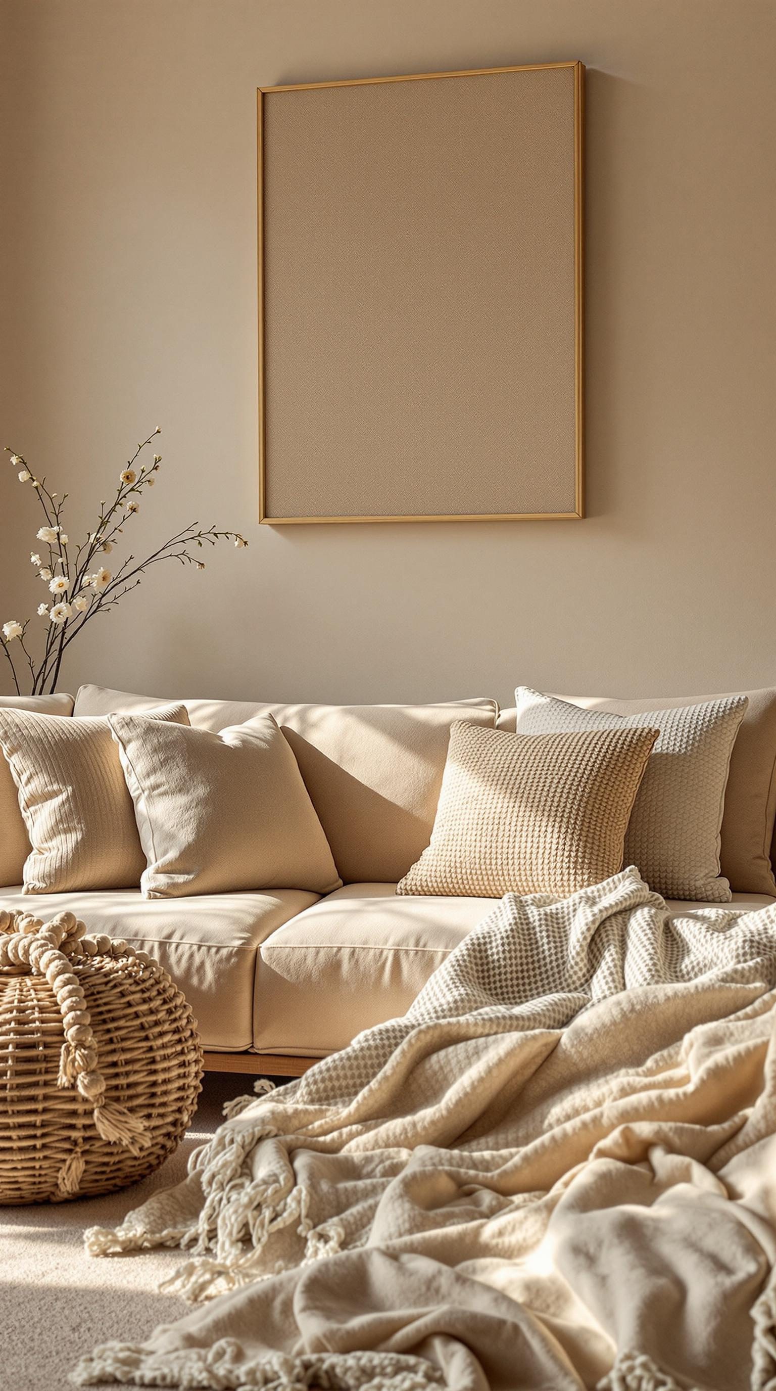 Cozy beige living room with textured blankets and pillows on a sofa