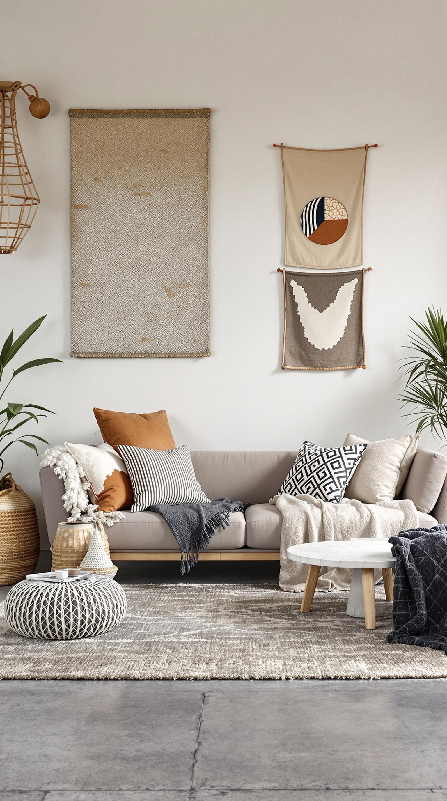 Cozy living room with layered rugs and throws, showcasing a modern design aesthetic