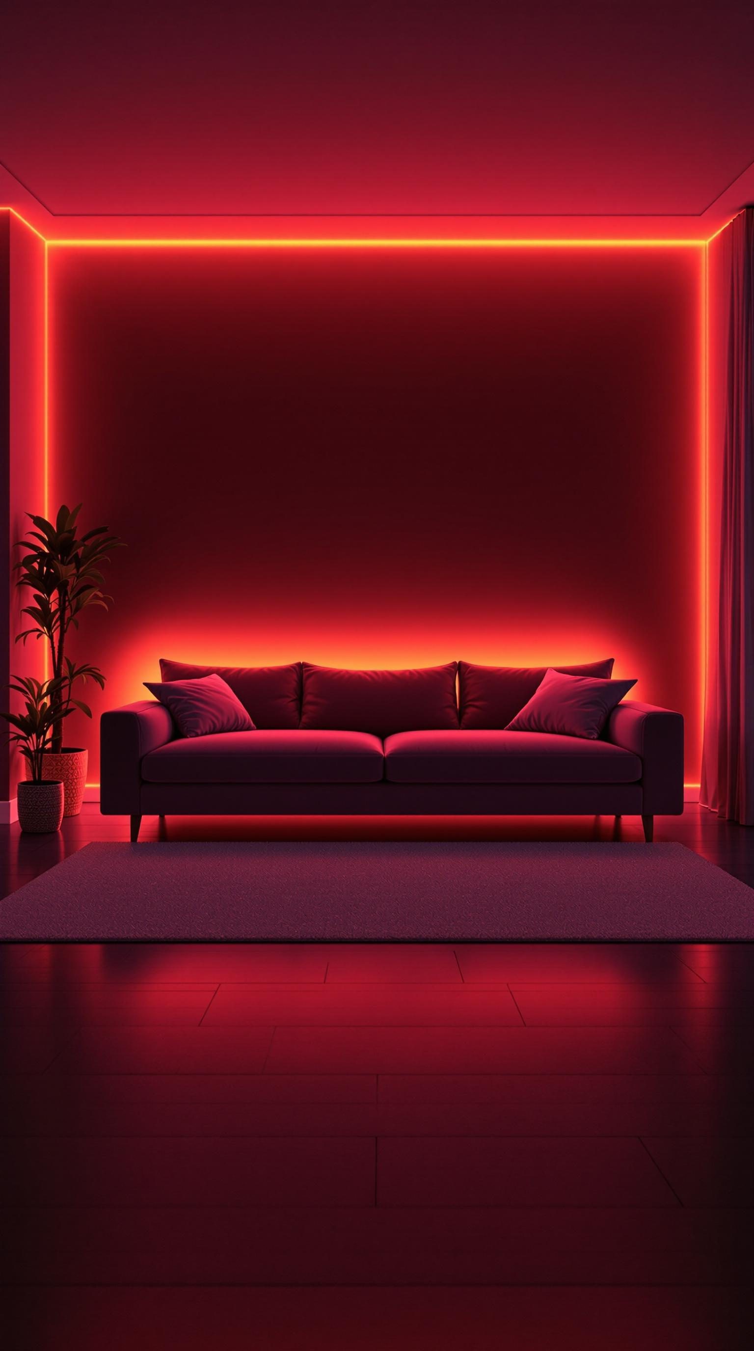 A cozy living room featuring LED strip lights behind a couch, creating warm lighting.