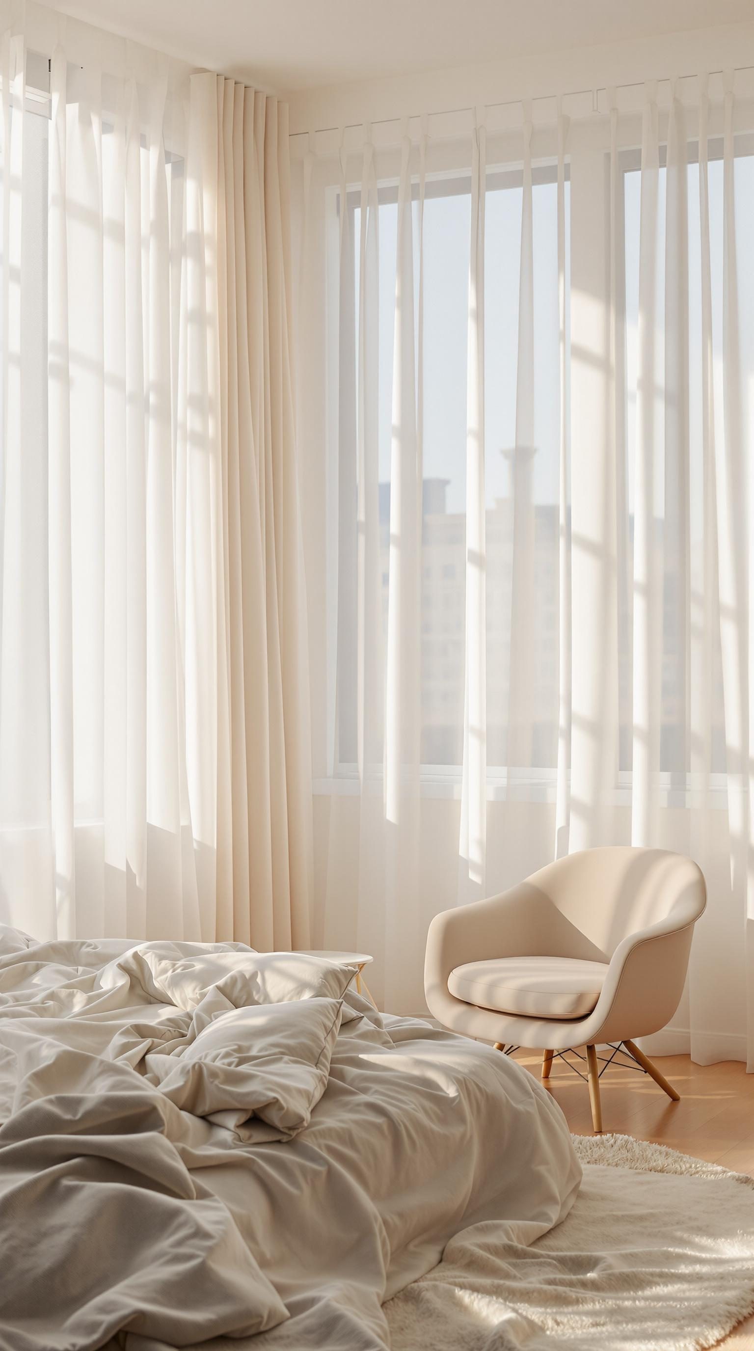 A minimalistic bedroom with a soft bed and a light armchair, featuring sheer curtains and natural light.