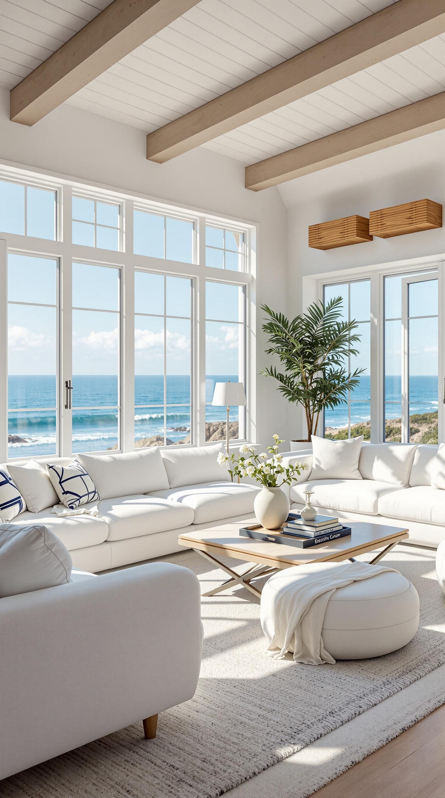 Bright coastal living room with large windows showcasing ocean views