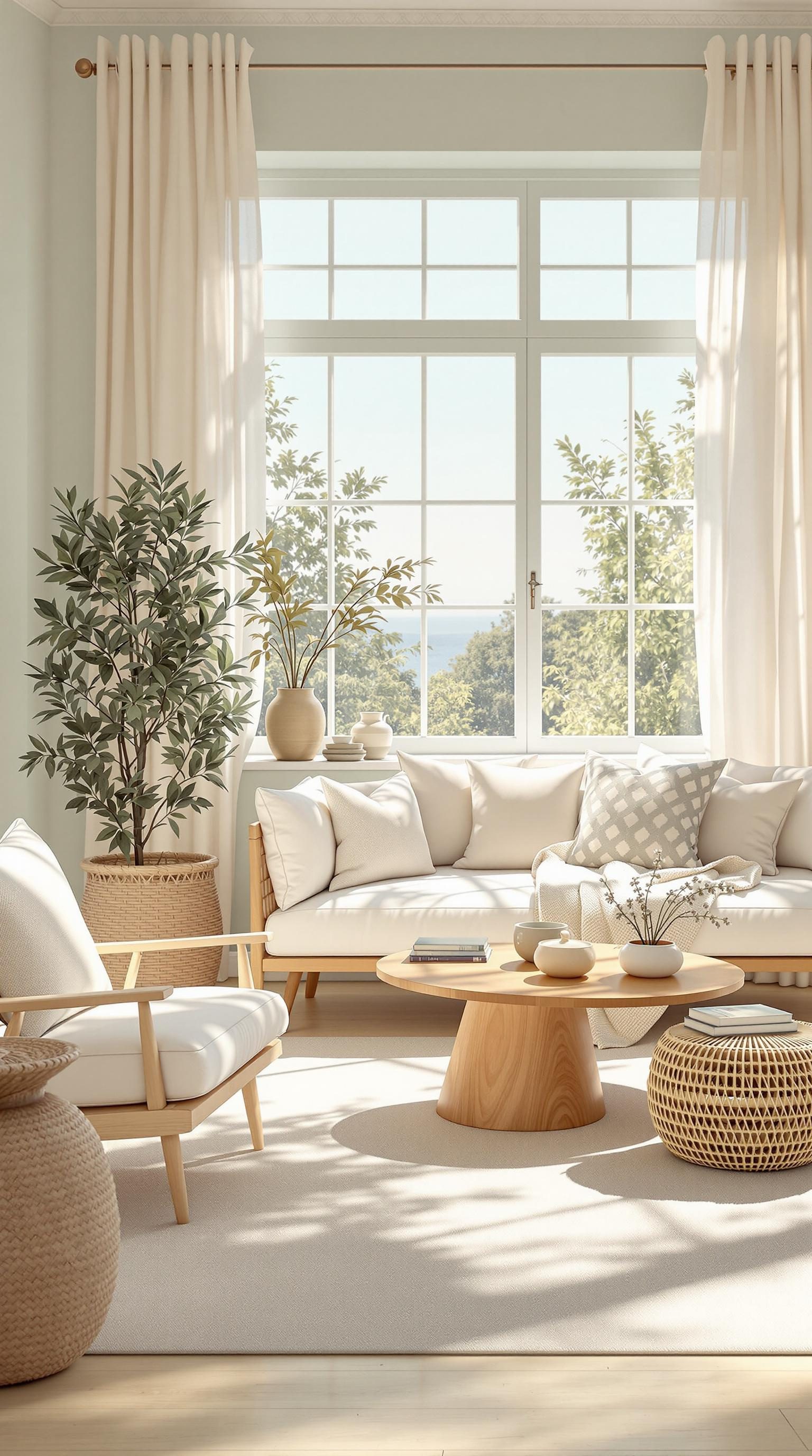 A bright living room with a light and airy color palette, featuring a cozy sofa, wooden coffee table, and plants.