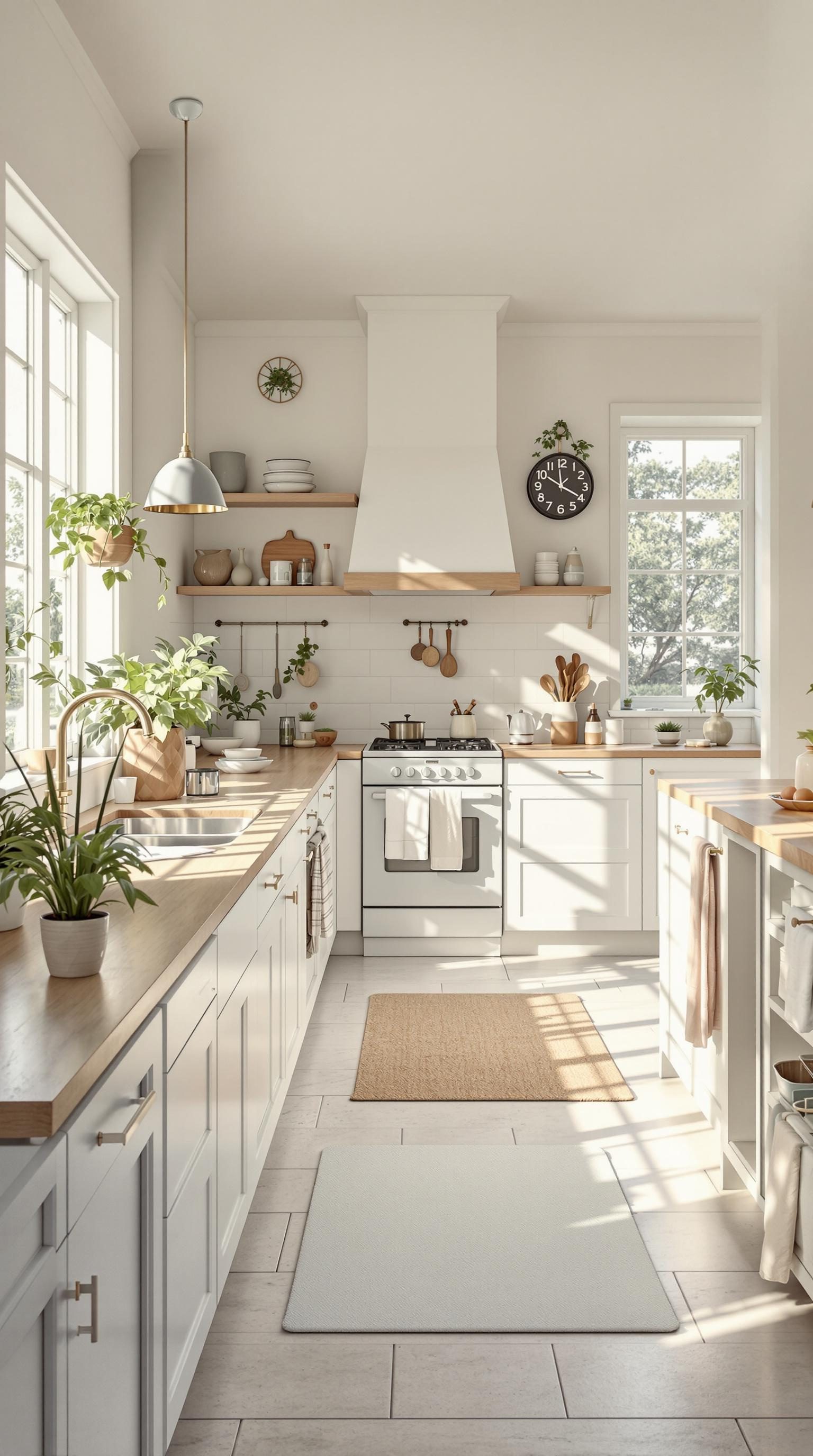 A bright and airy kitchen featuring white cabinets, natural wood accents, and abundant plants.