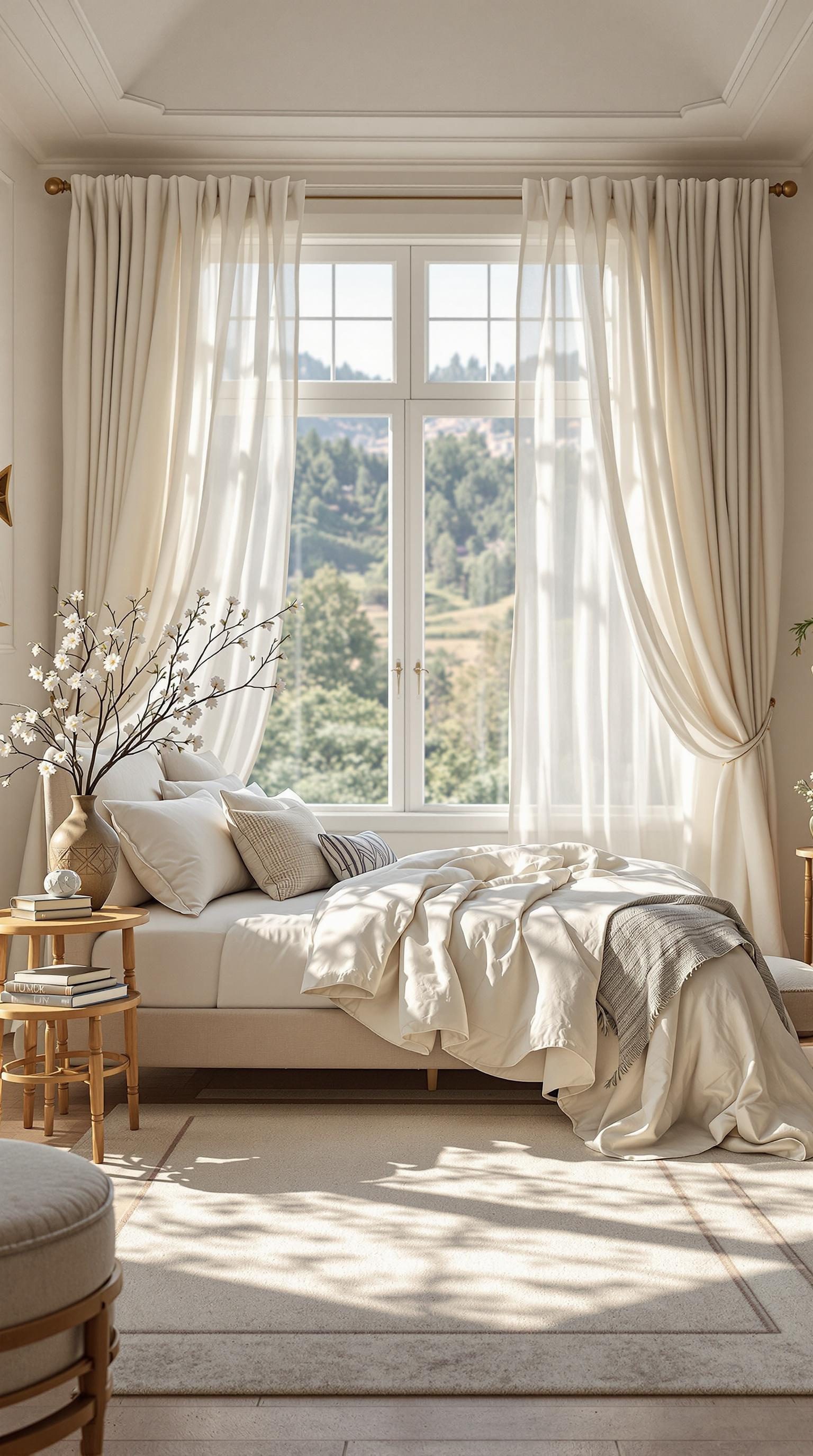 A coastal master bedroom featuring light curtains, soft bedding, and a sunny atmosphere.