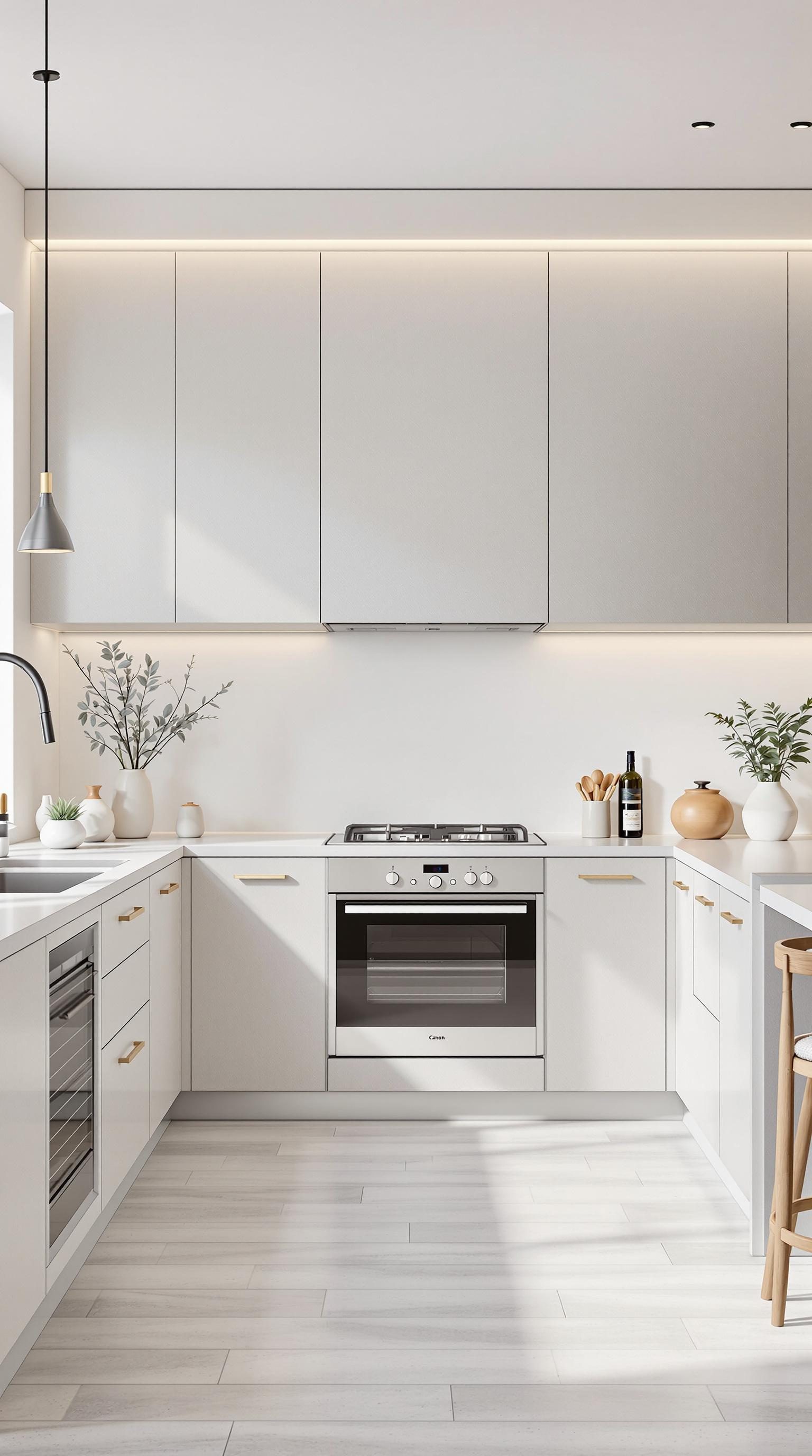 Modern kitchen with light gray cabinets and warm accents.