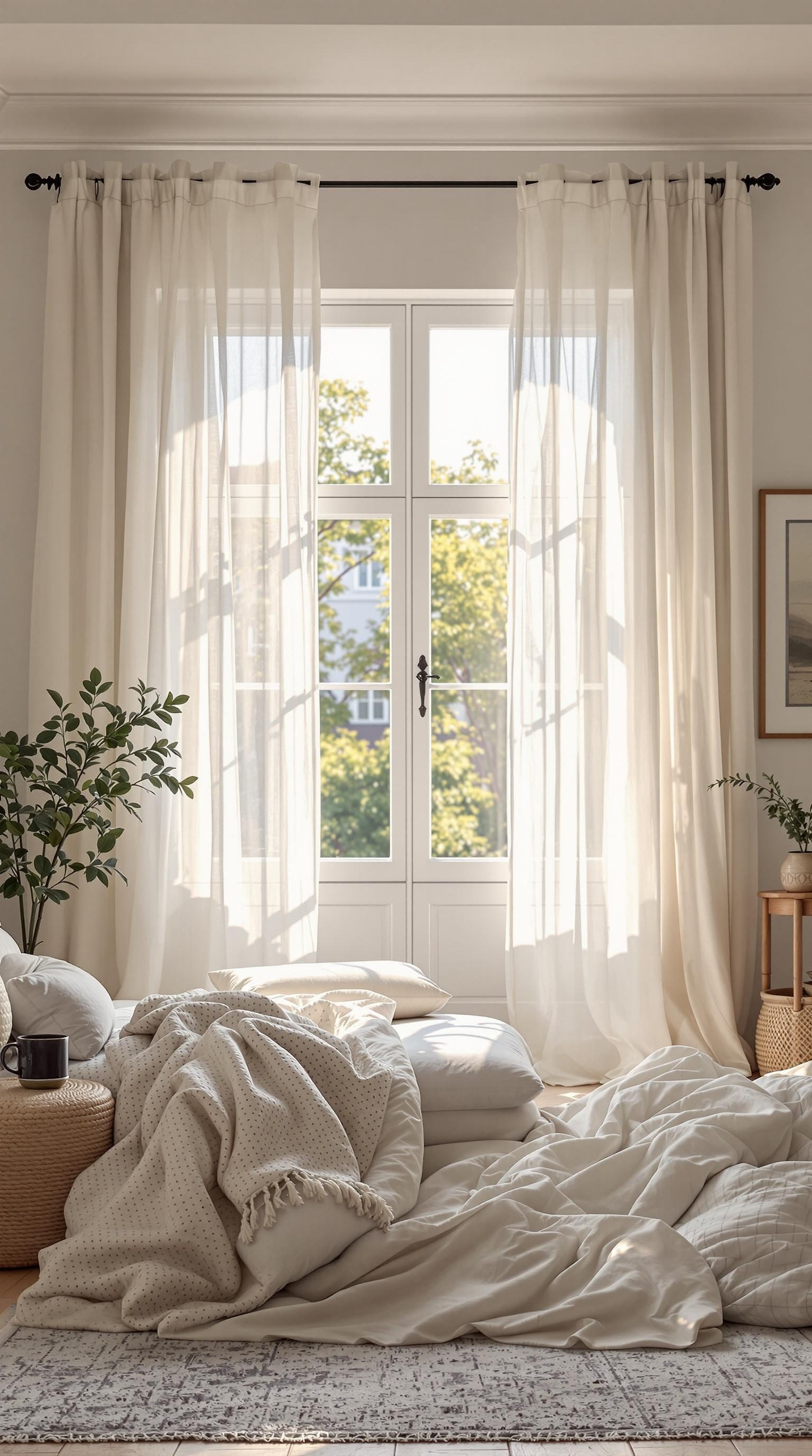 Lightweight cotton curtains in a cozy bedroom letting in natural light