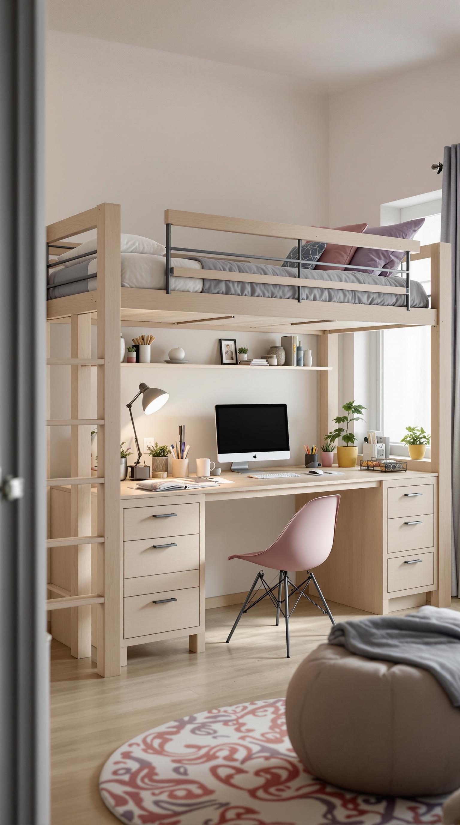 A stylish lofted bunk bed with a desk underneath, featuring a computer and plants.