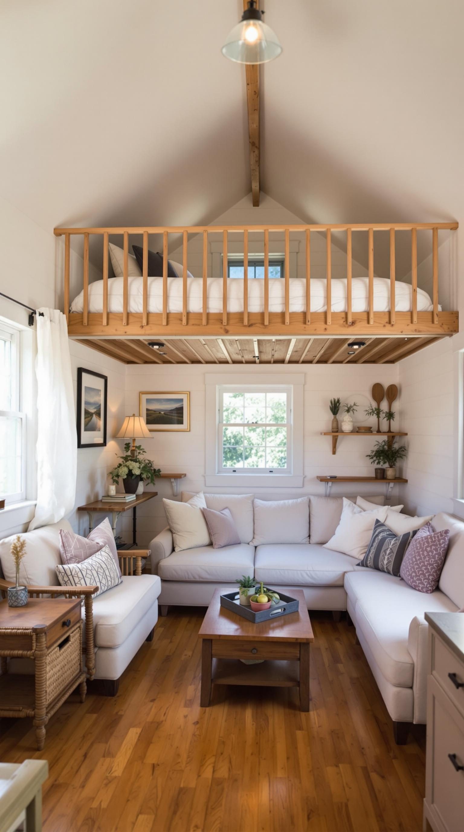 Cozy cabin interior with a lofted sleeping area and comfortable seating.