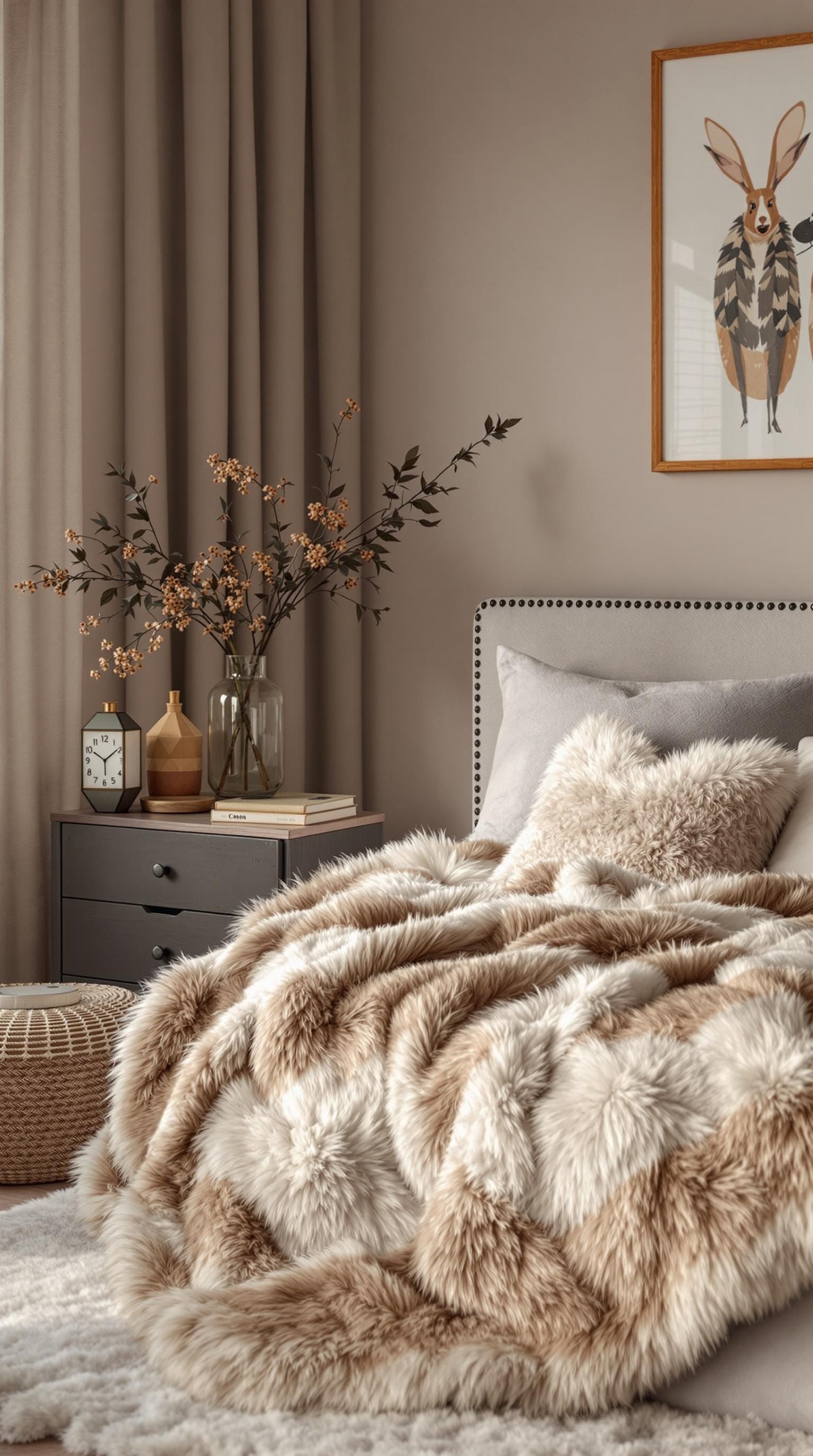 A stylish bedroom featuring a faux fur blanket and decorative accents.