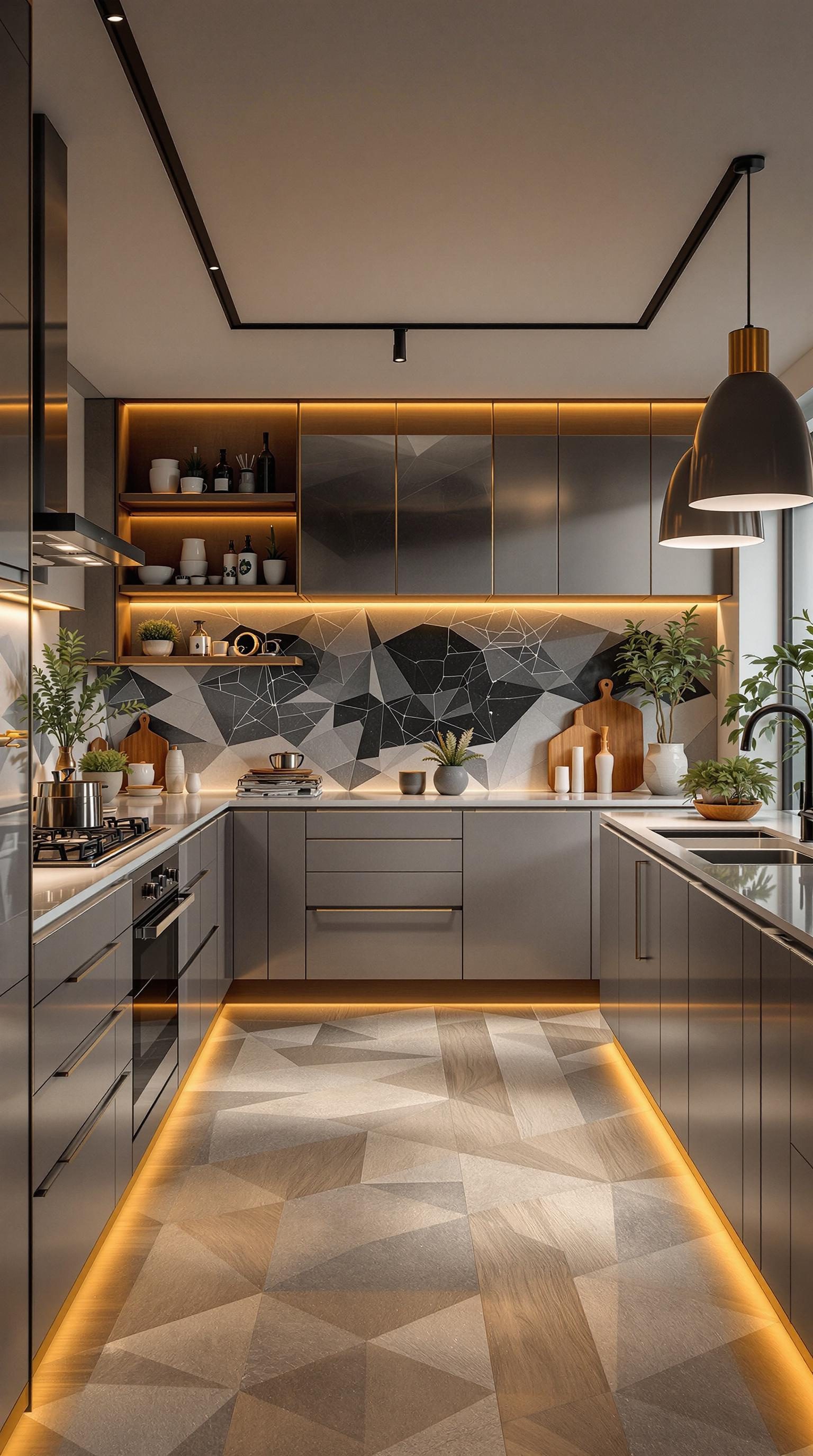 A modern luxury kitchen featuring sleek cabinets, stylish lighting, and a unique patterned floor.