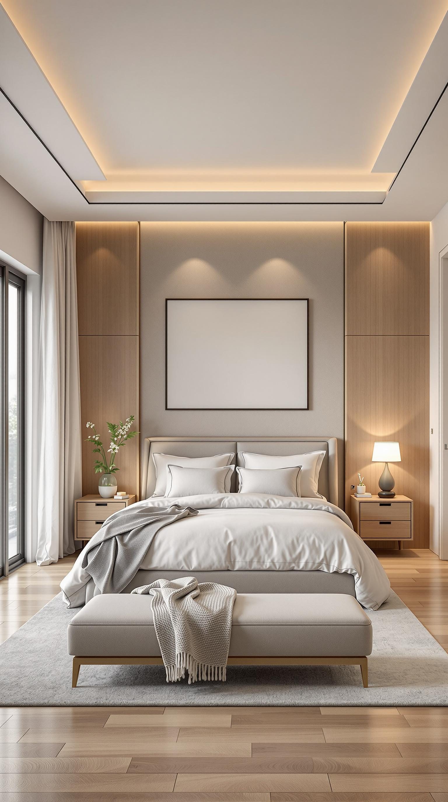 A minimalistic bedroom with soft colors and elegant design elements.