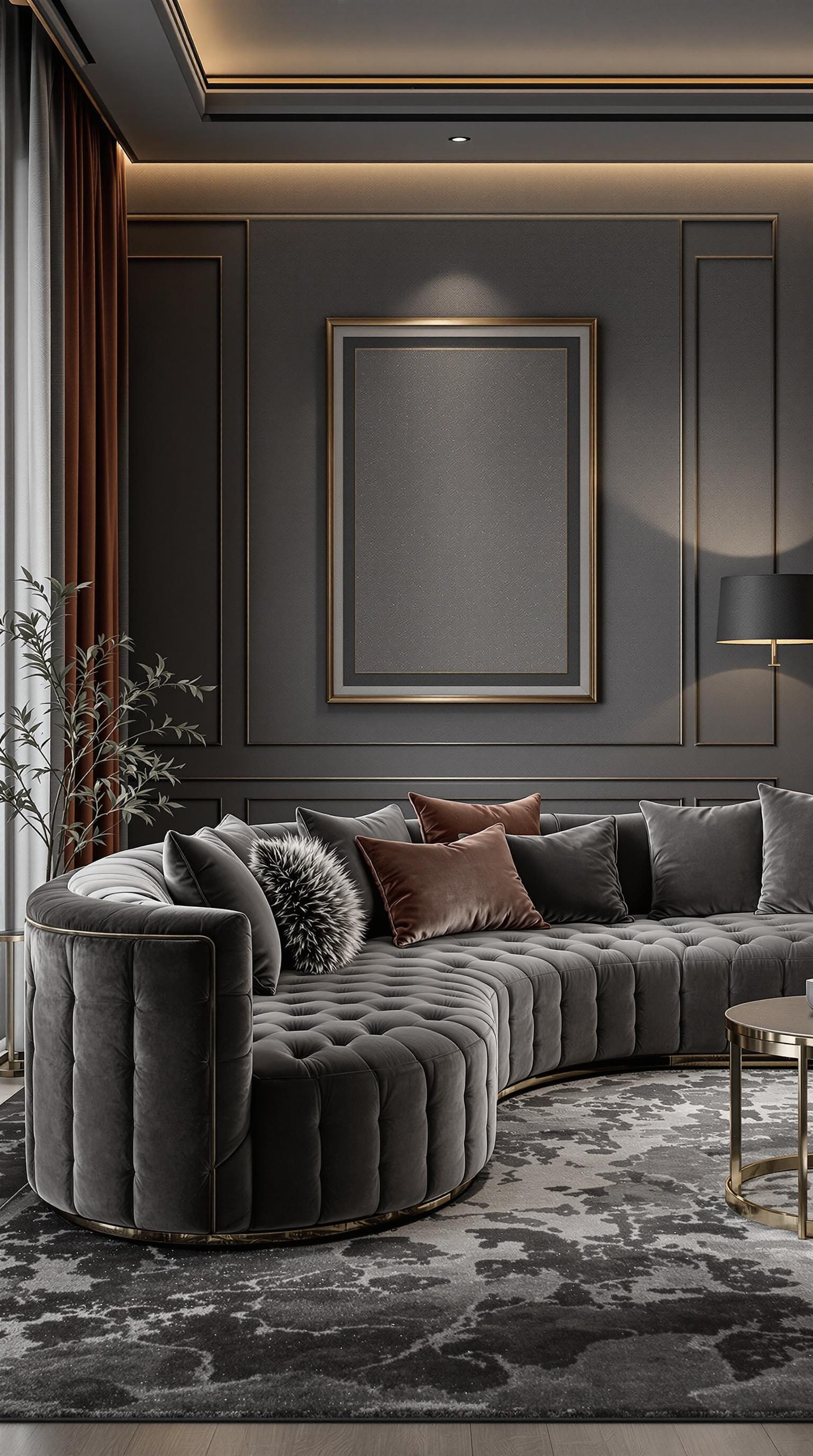 A luxurious velvet grey sofa in a stylish living room setting