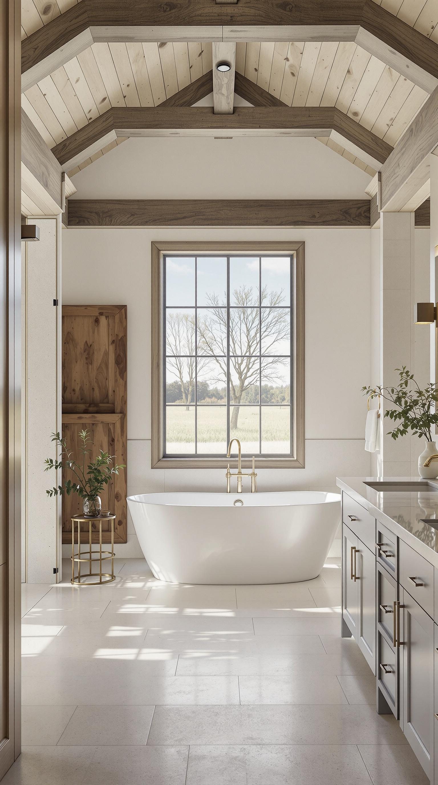 Luxury bathroom with a soaking tub and large window, showcasing a serene design.