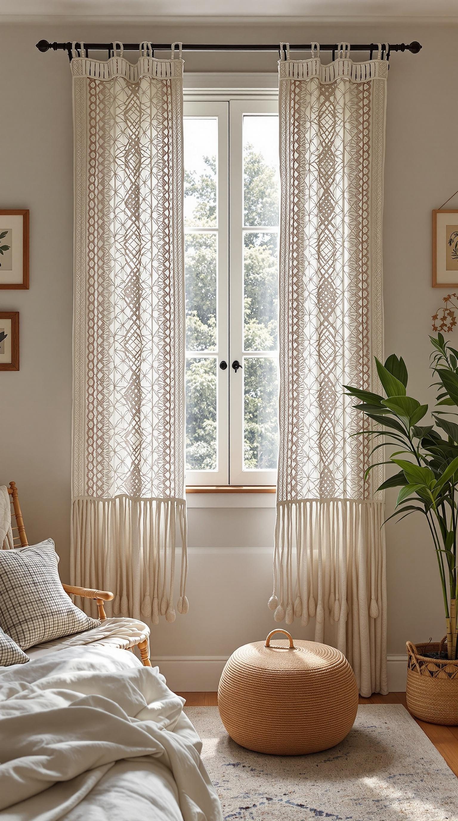 Macrame curtain panels in a cozy bedroom setting