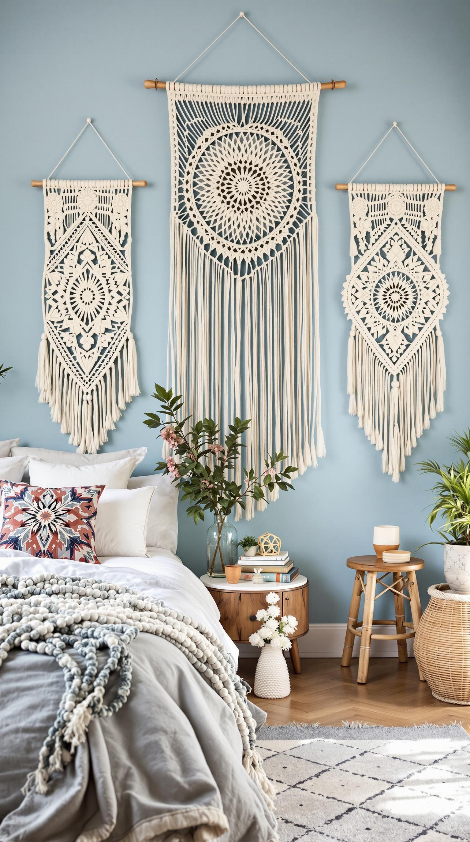 Stylish macrame wall hangings in a light blue bedroom setting