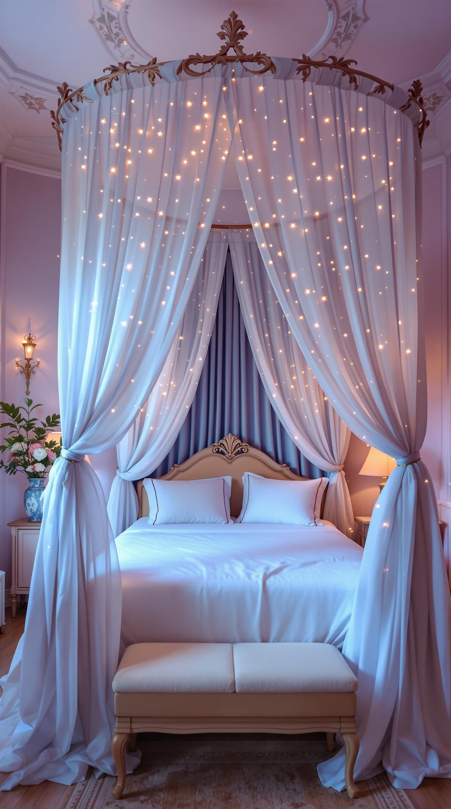 A beautifully styled canopy bed with draped curtains and fairy lights.