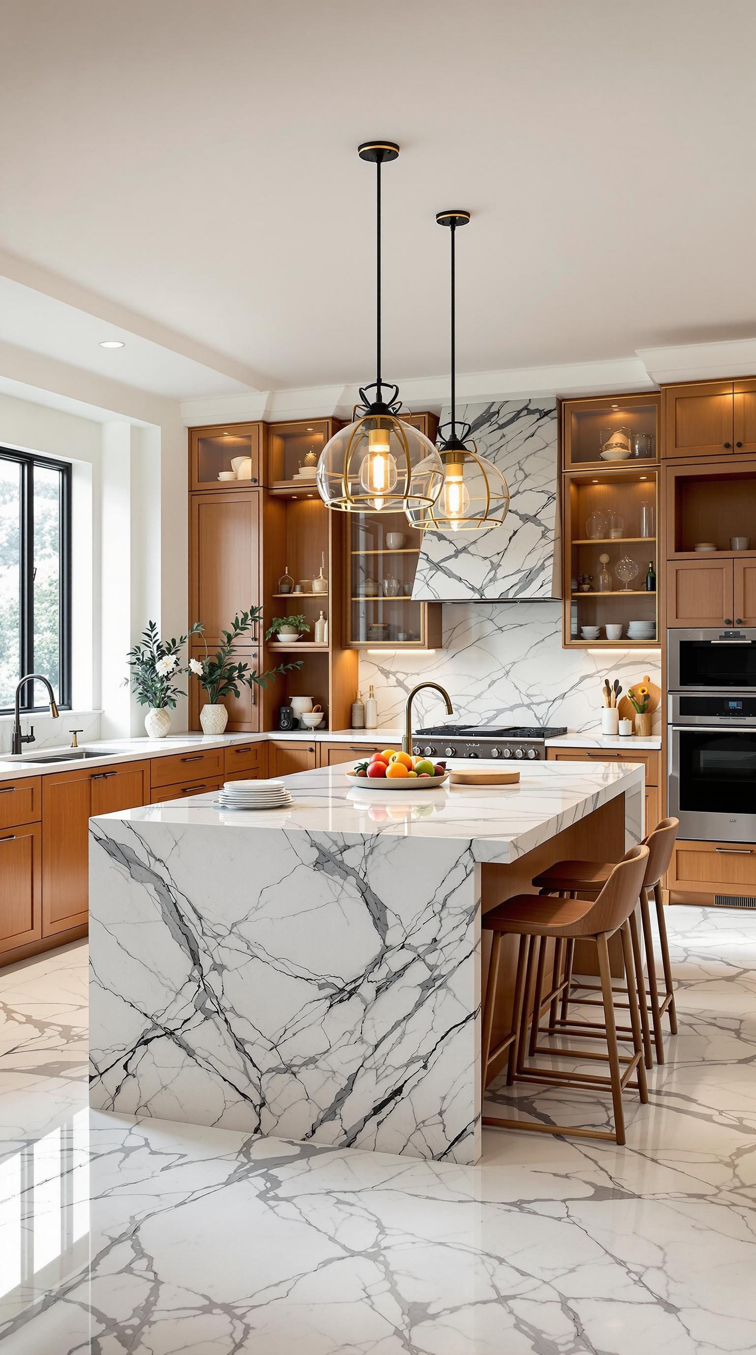 A modern kitchen featuring a marble island and wood cabinetry.