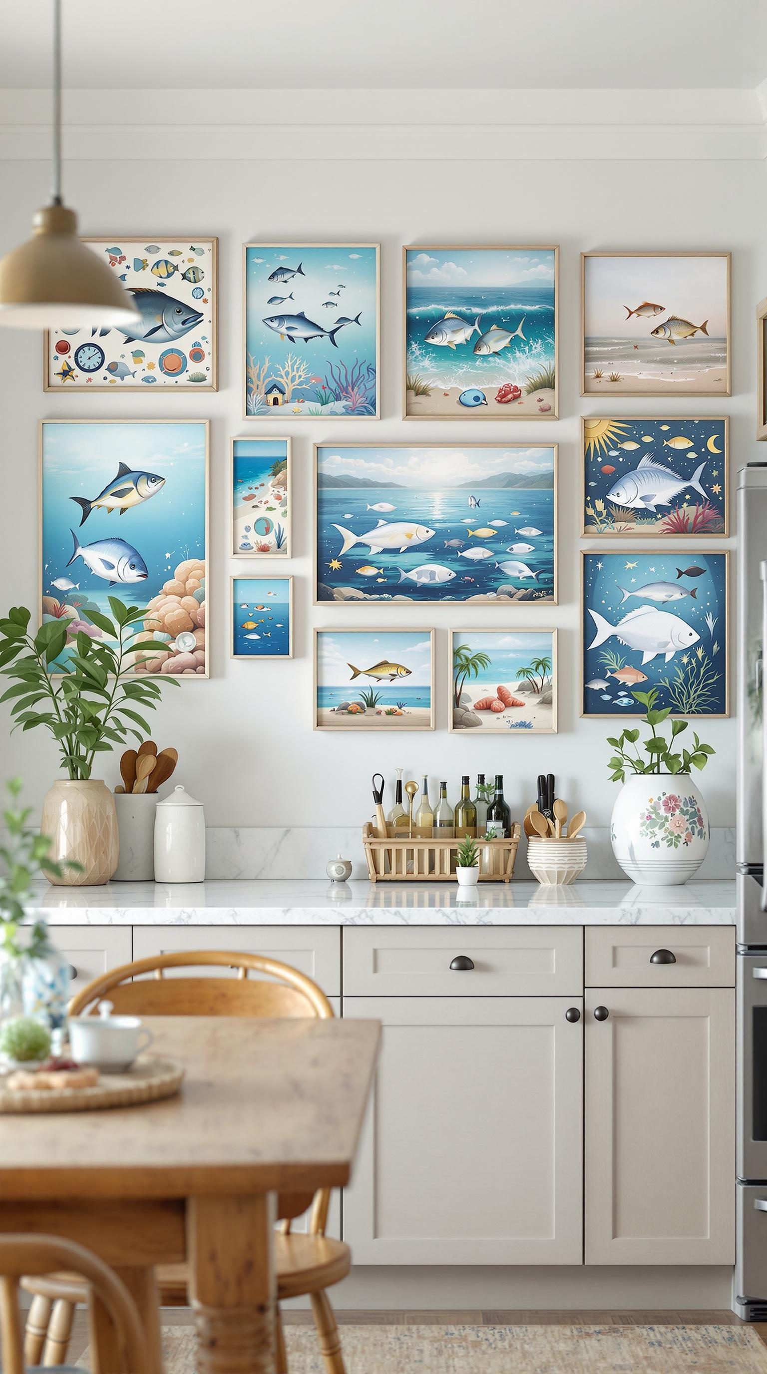 A collection of marine-themed wall art featuring colorful fish and underwater scenes in a coastal kitchen.