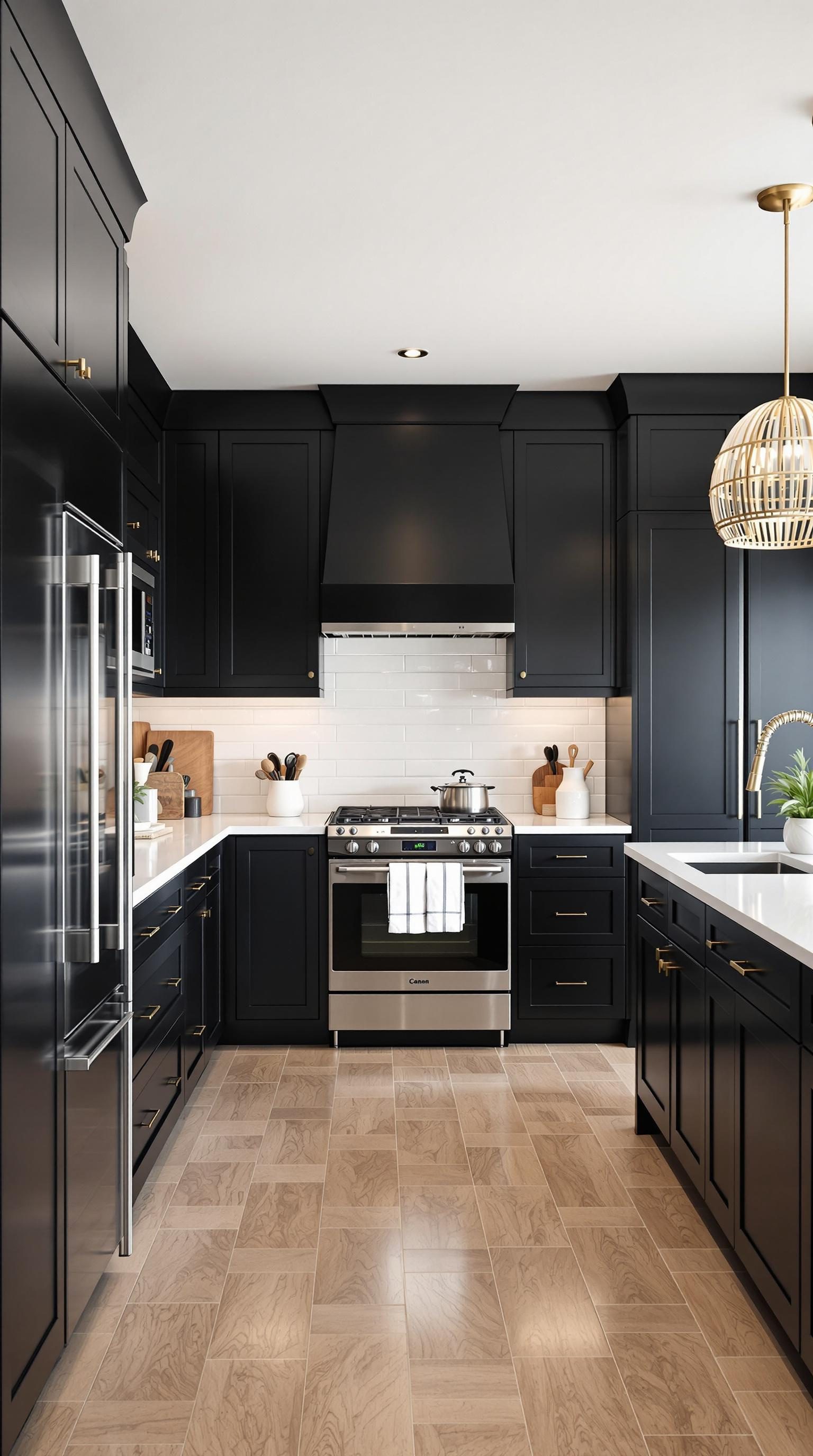 A modern kitchen featuring matte black cabinets and a sleek design.