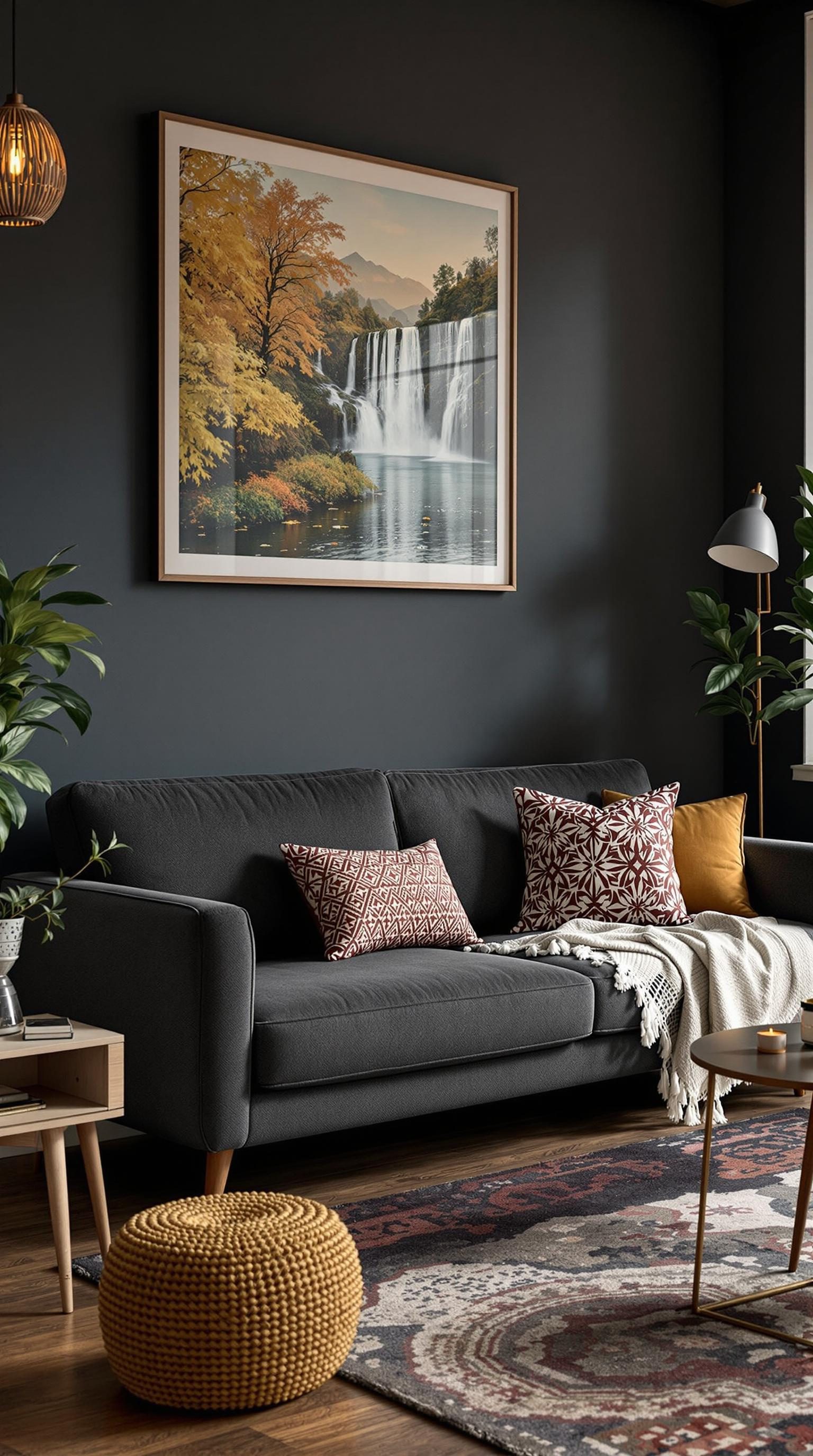 A cozy living room featuring a dark grey couch, colorful cushions, a woven pouf, and beautiful artwork.