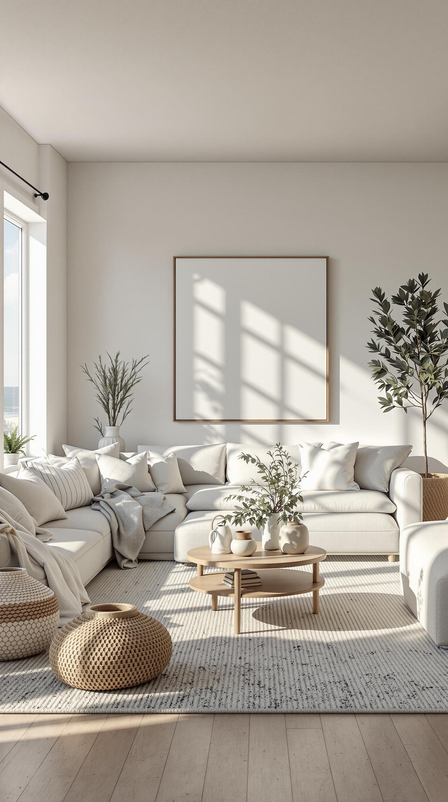 A minimalist coastal living room with natural light, featuring a white sectional sofa, a round wooden coffee table, and decorative plants.