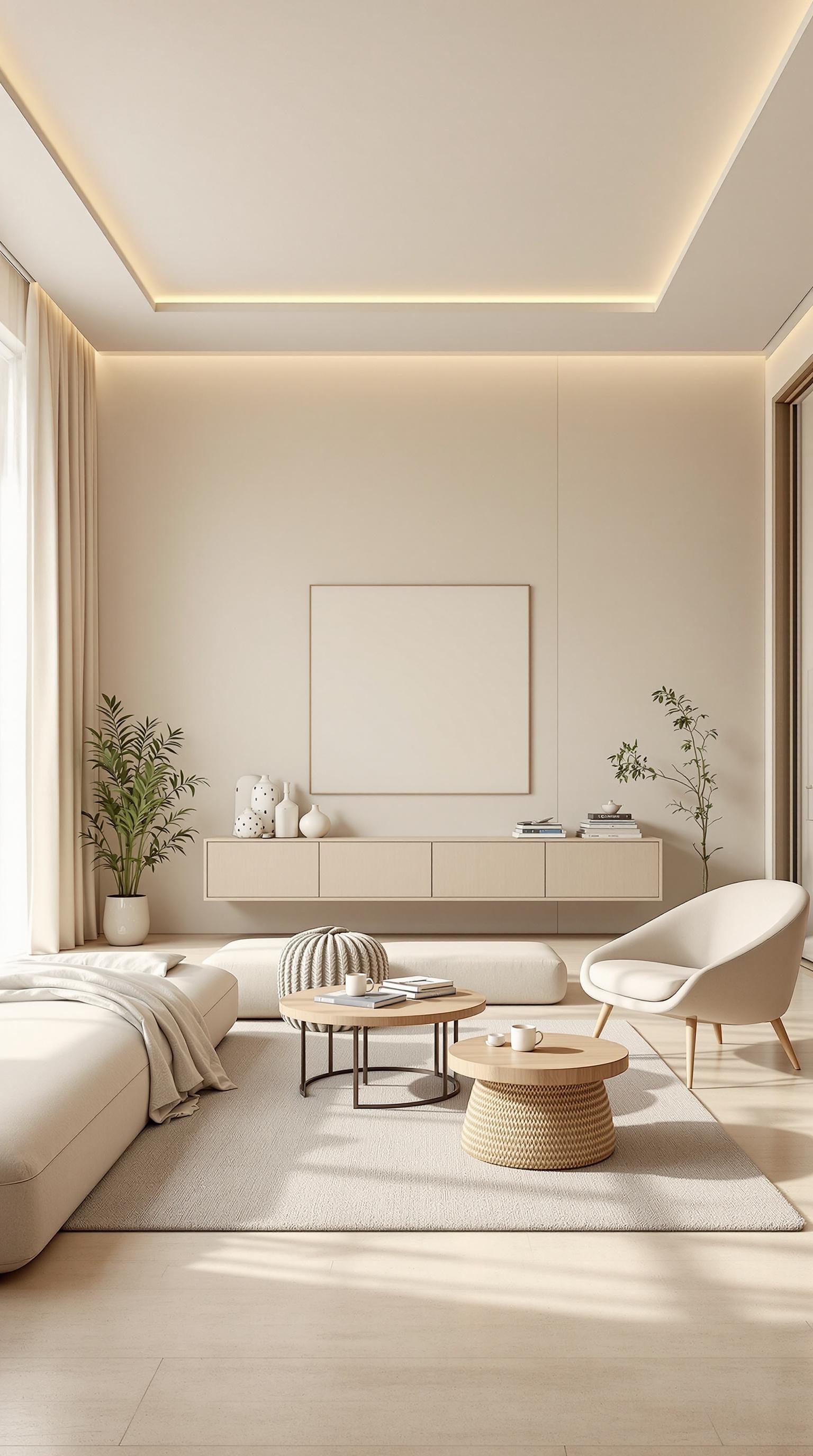 A minimalist beige bedroom featuring simple furniture and soft lighting.