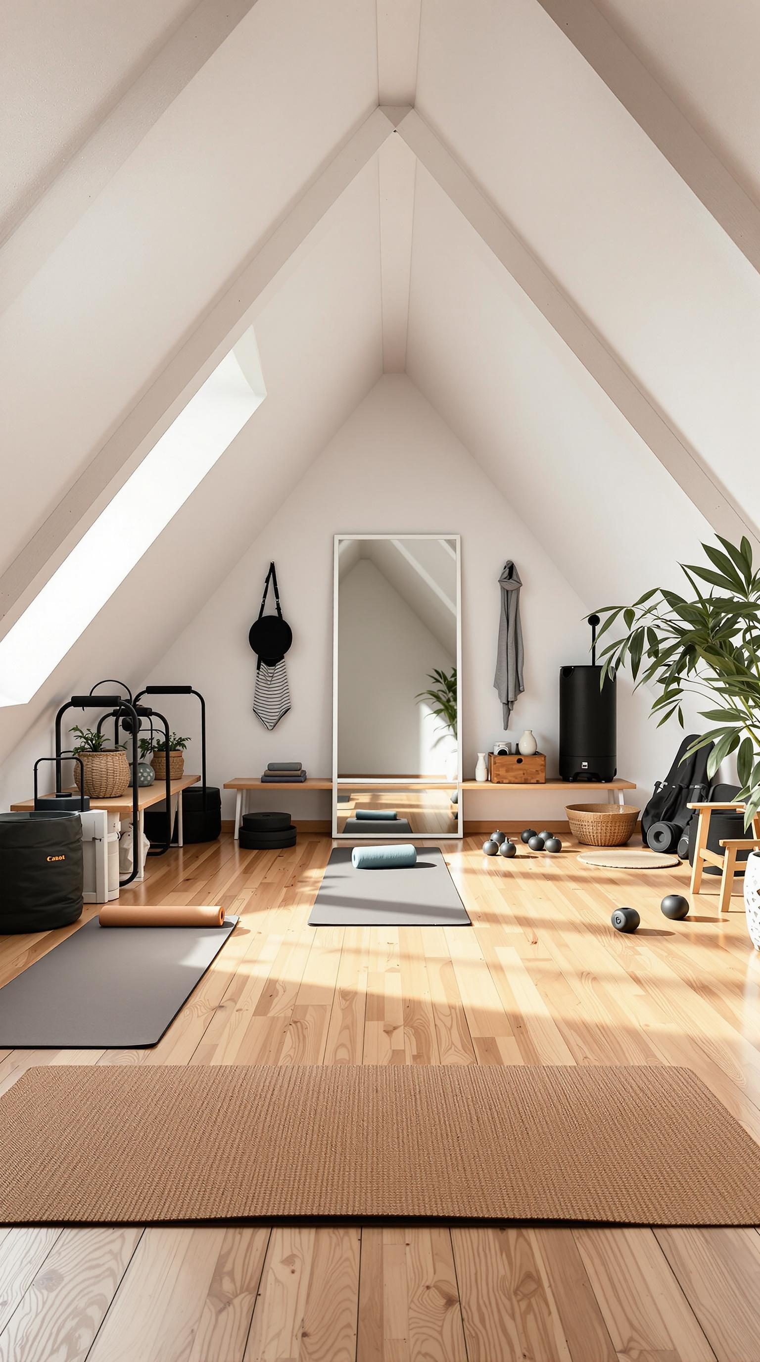 A minimalist exercise area in a small attic room with yoga mats and weights.