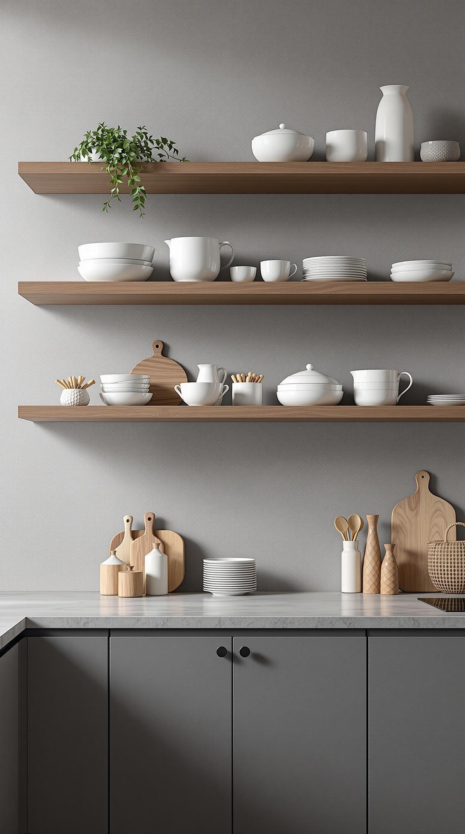 Minimalist kitchen with open shelving displaying white dishes and wooden accents.