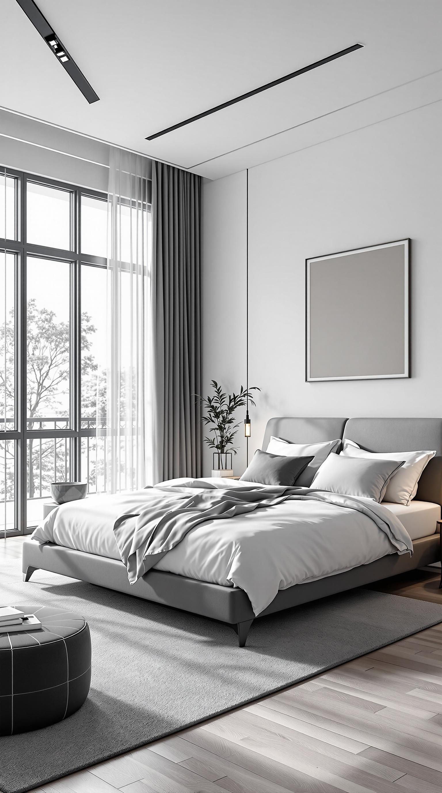 A minimalist monochrome bedroom featuring a bed with gray bedding, large windows, and simple decor.