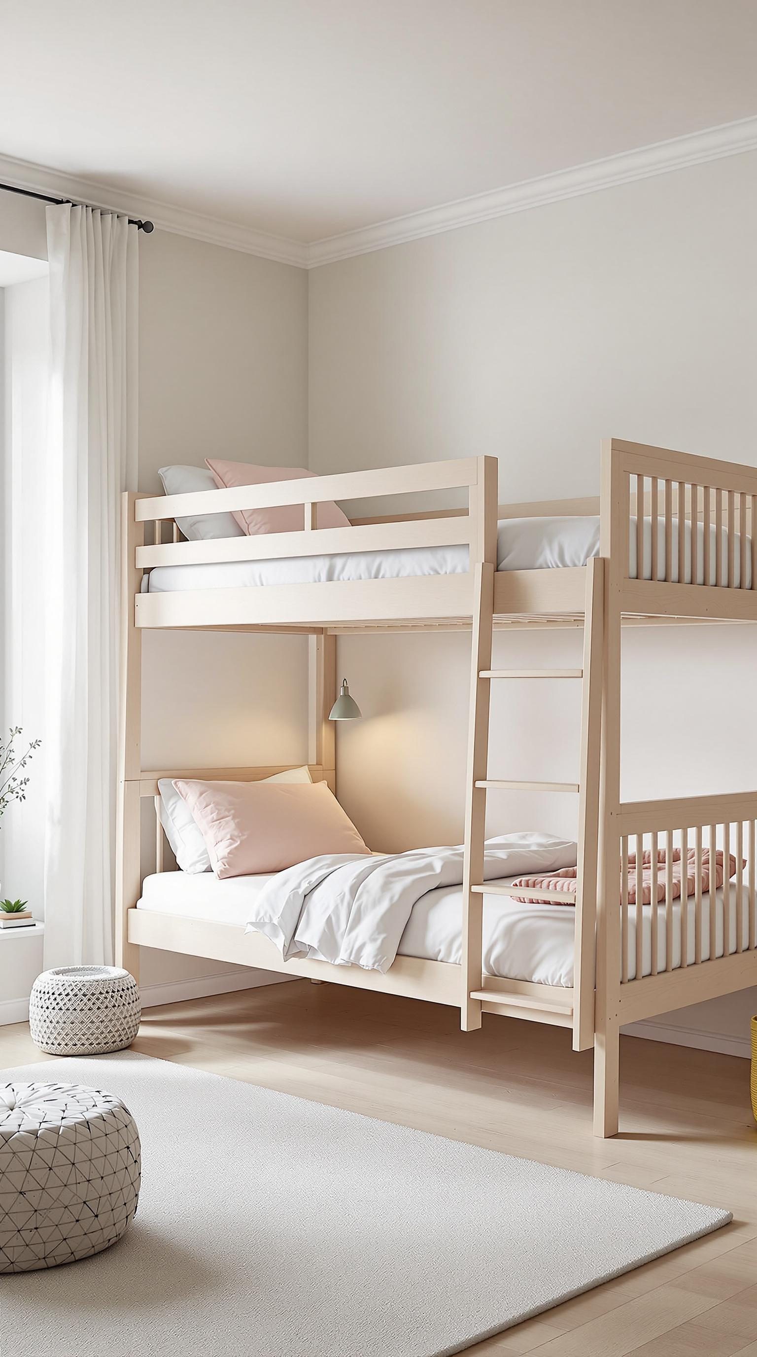 A minimalist Scandinavian style bunk bed with light wood finish and soft bedding