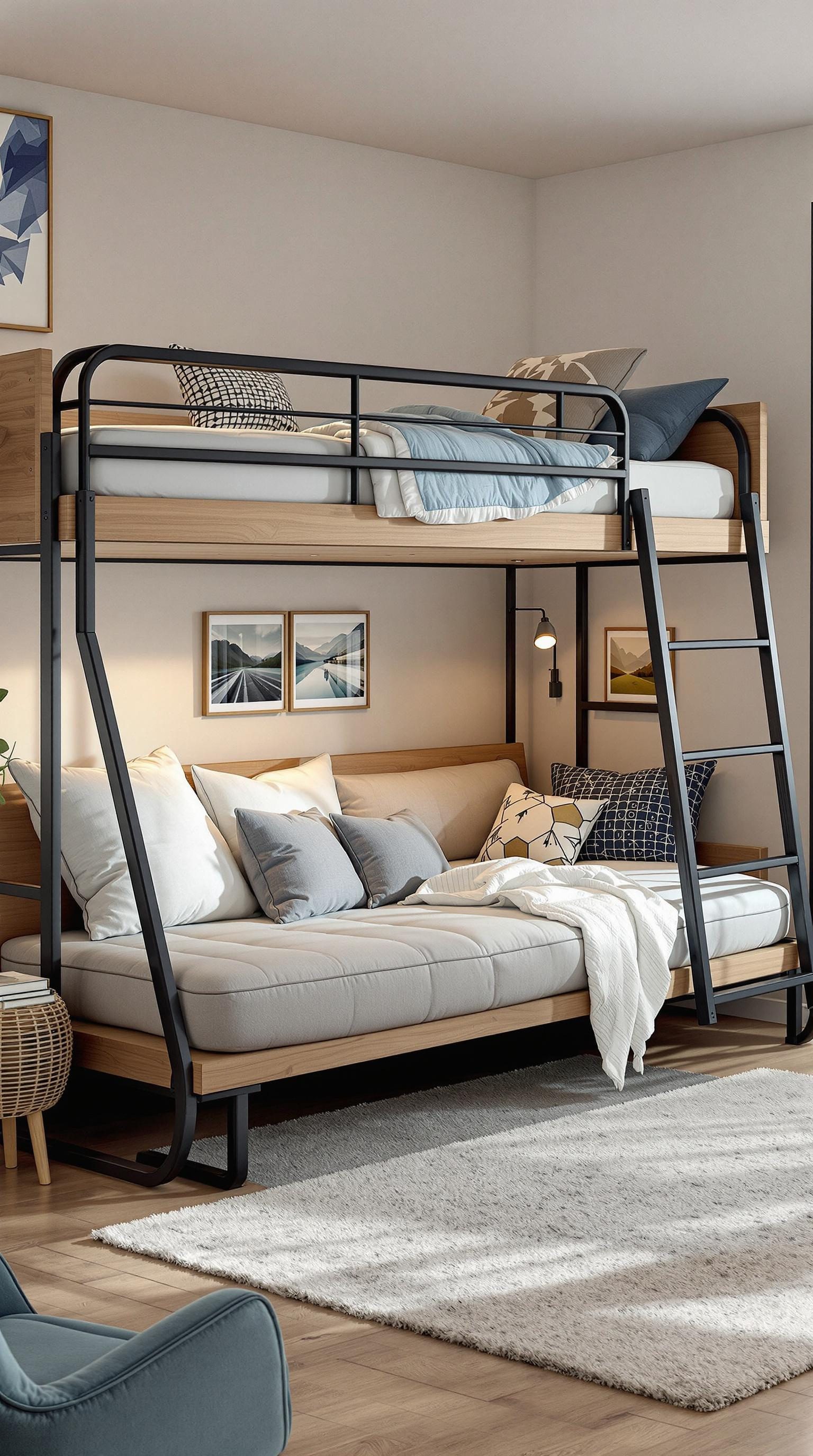 A modern bunk bed with a futon below, showcasing a stylish design with cozy pillows and a soft area rug.