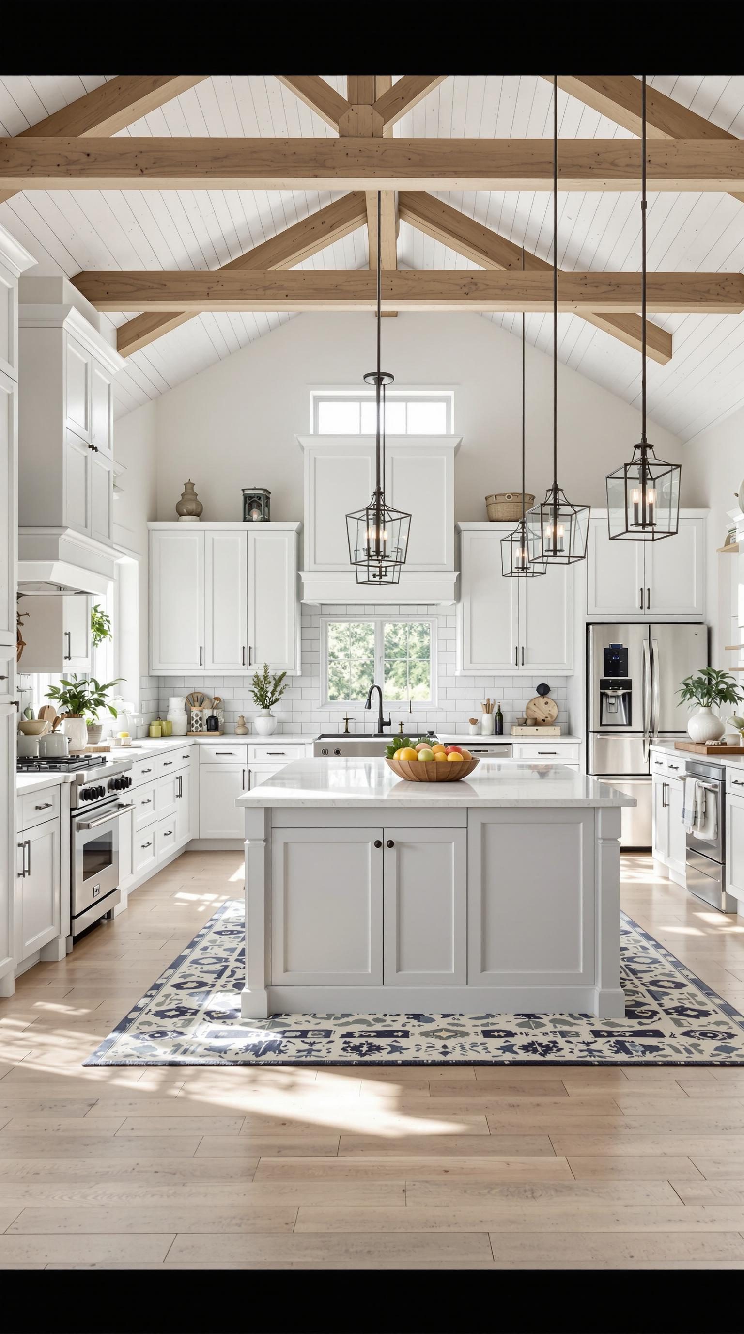 Bright modern farmhouse kitchen with wooden beams and white cabinetry