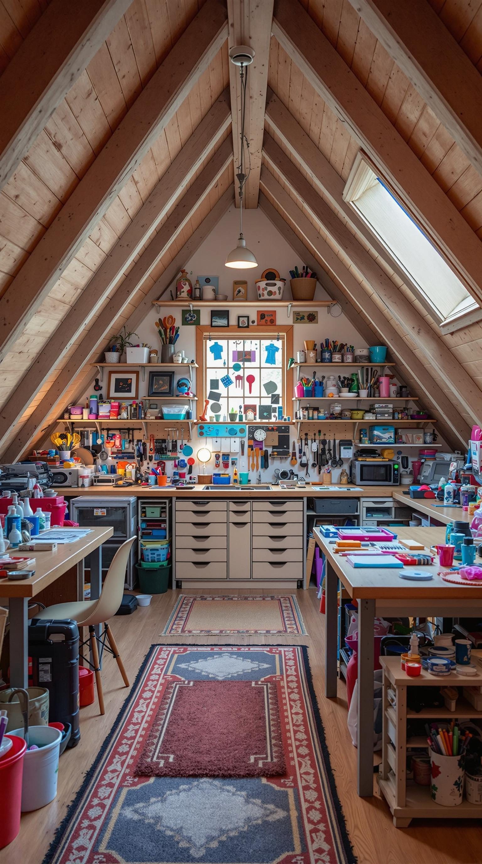 A bright and organized attic craft room with wooden beams.