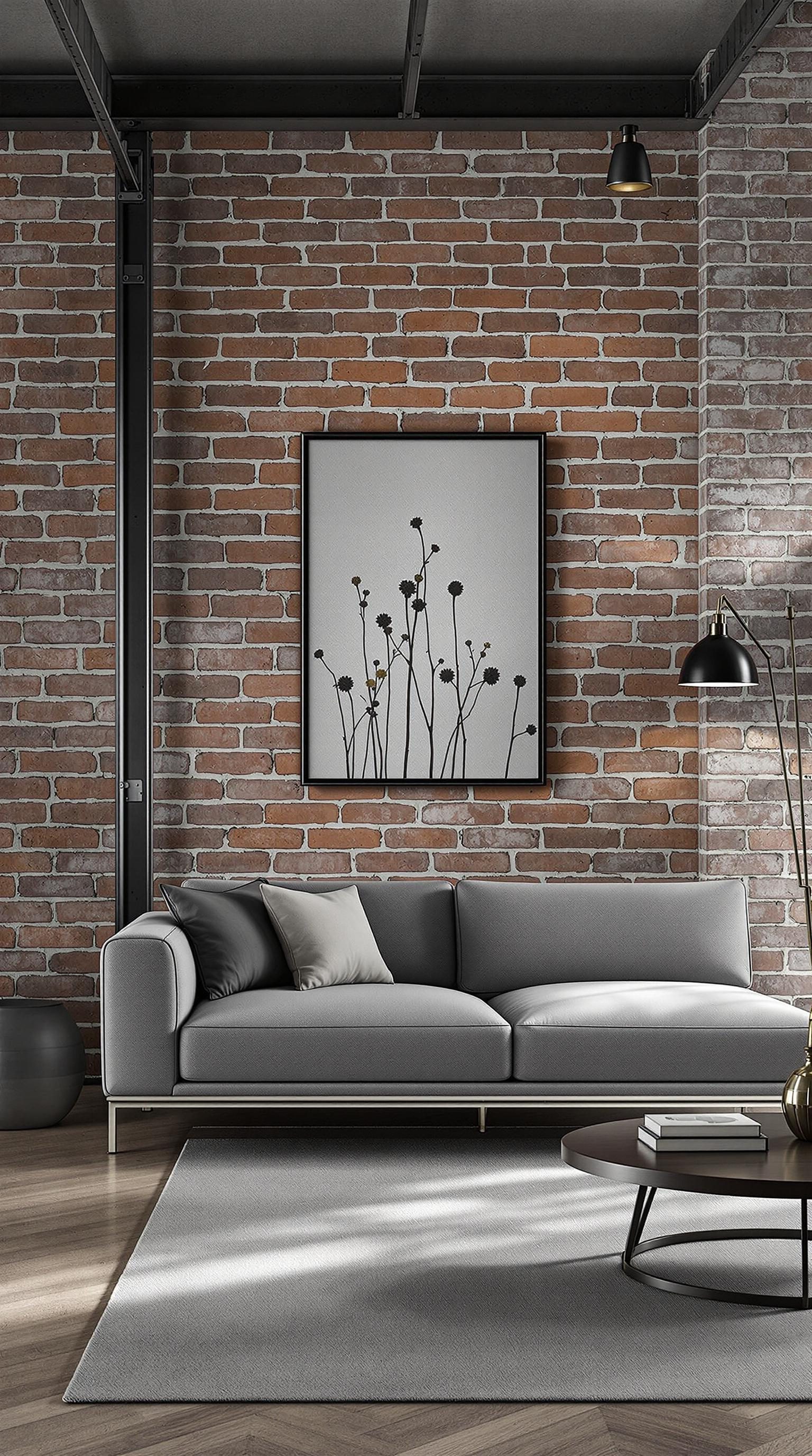 A modern industrial living room featuring a grey couch, exposed brick wall, and stylish decor.