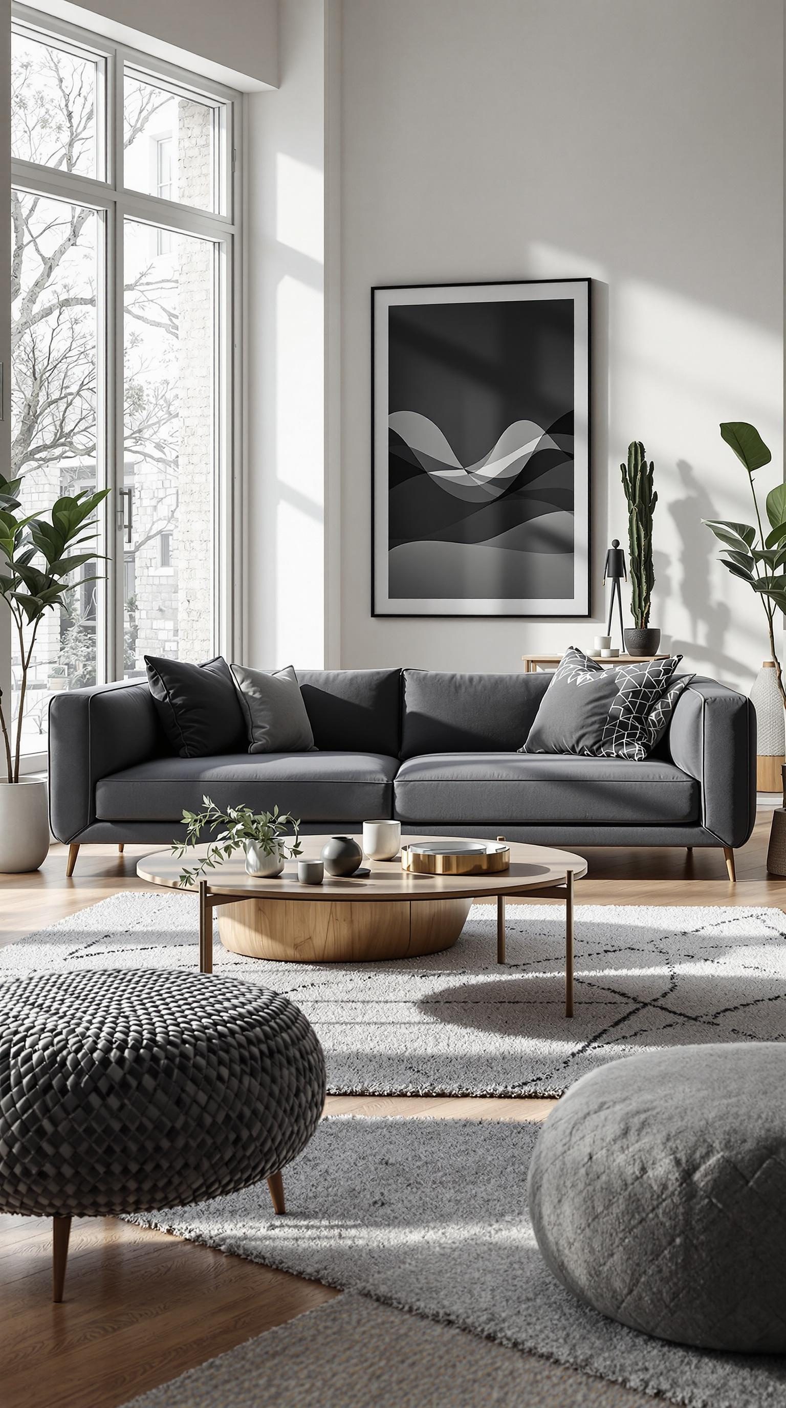 A modern living room featuring a dark grey couch, wooden coffee table, and various decorative elements.