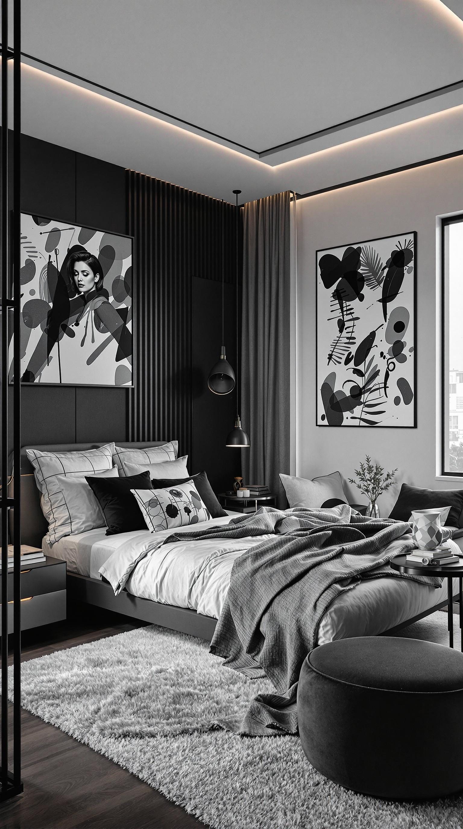 A stylish monochrome bedroom featuring black and white decor, including artwork and bedding.